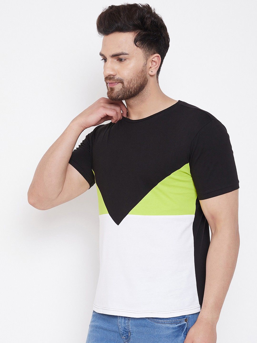 Black White Men Color Blocked Cotton T-Shirt