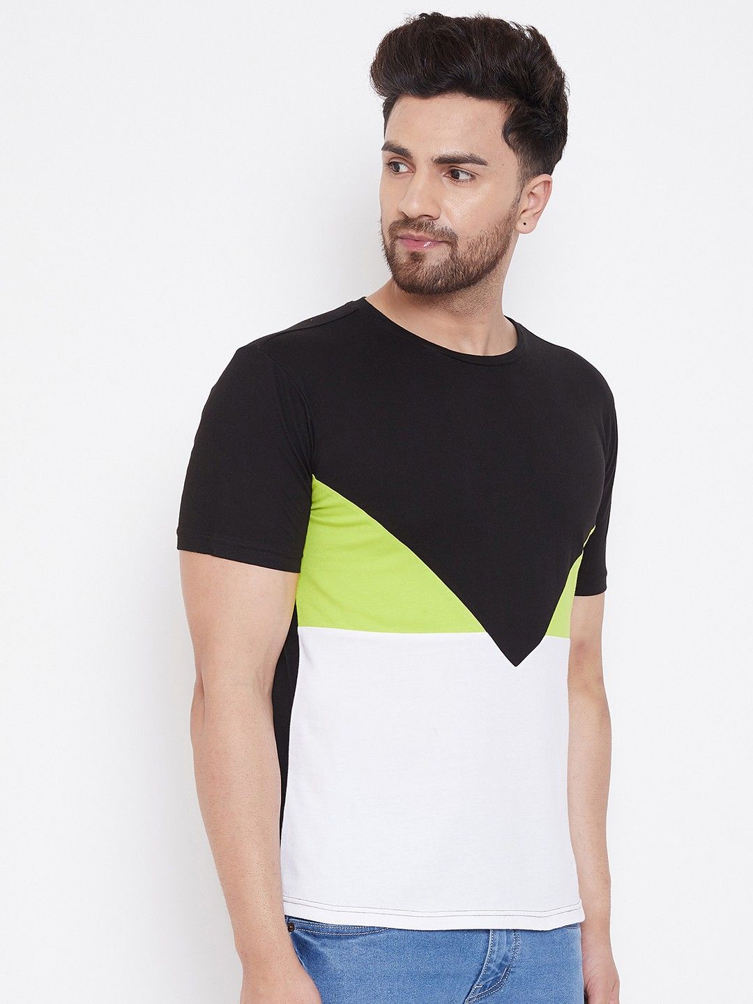 Black White Men Color Blocked Cotton T-Shirt