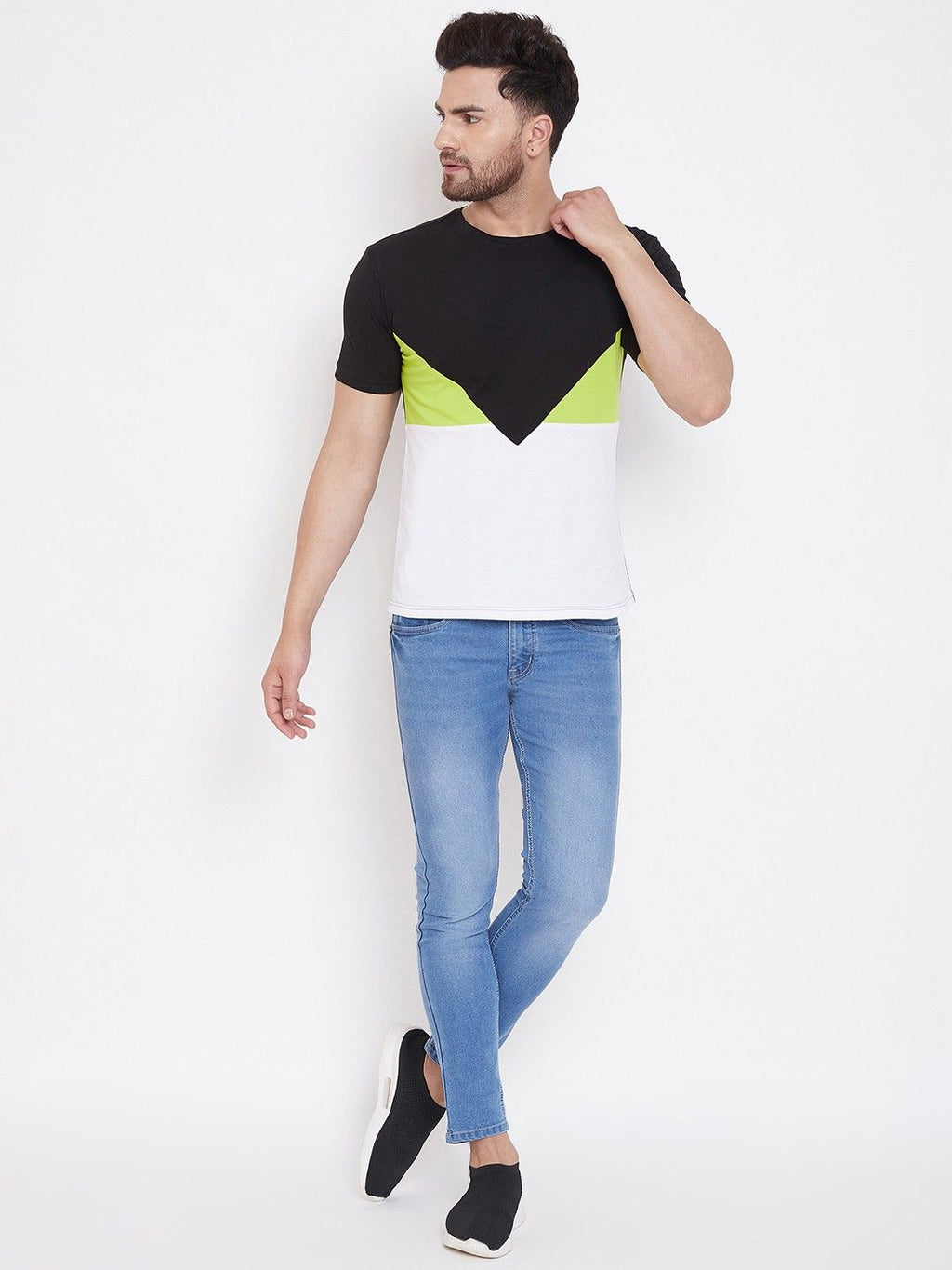 Black White Men Color Blocked Cotton T-Shirt