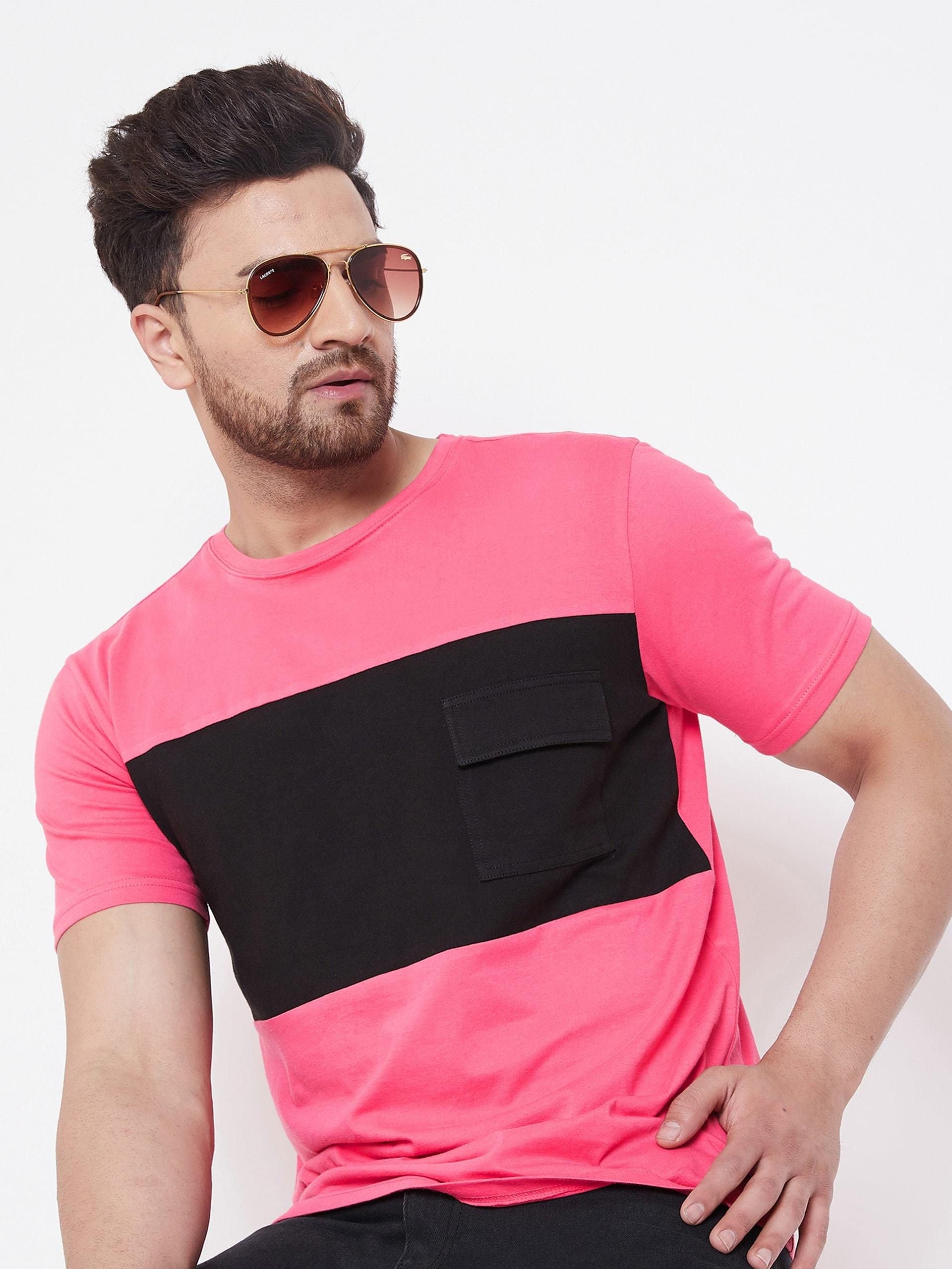 Pink Men Half Sleeve Color Block T-Shirt