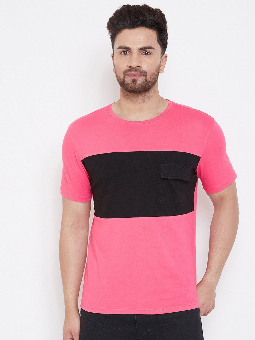 Pink Men Half Sleeve Color Block T-Shirt