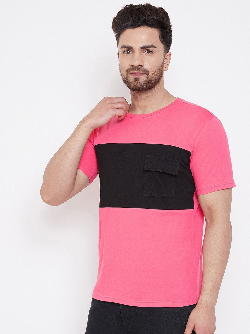 Pink Men Half Sleeve Color Block T-Shirt