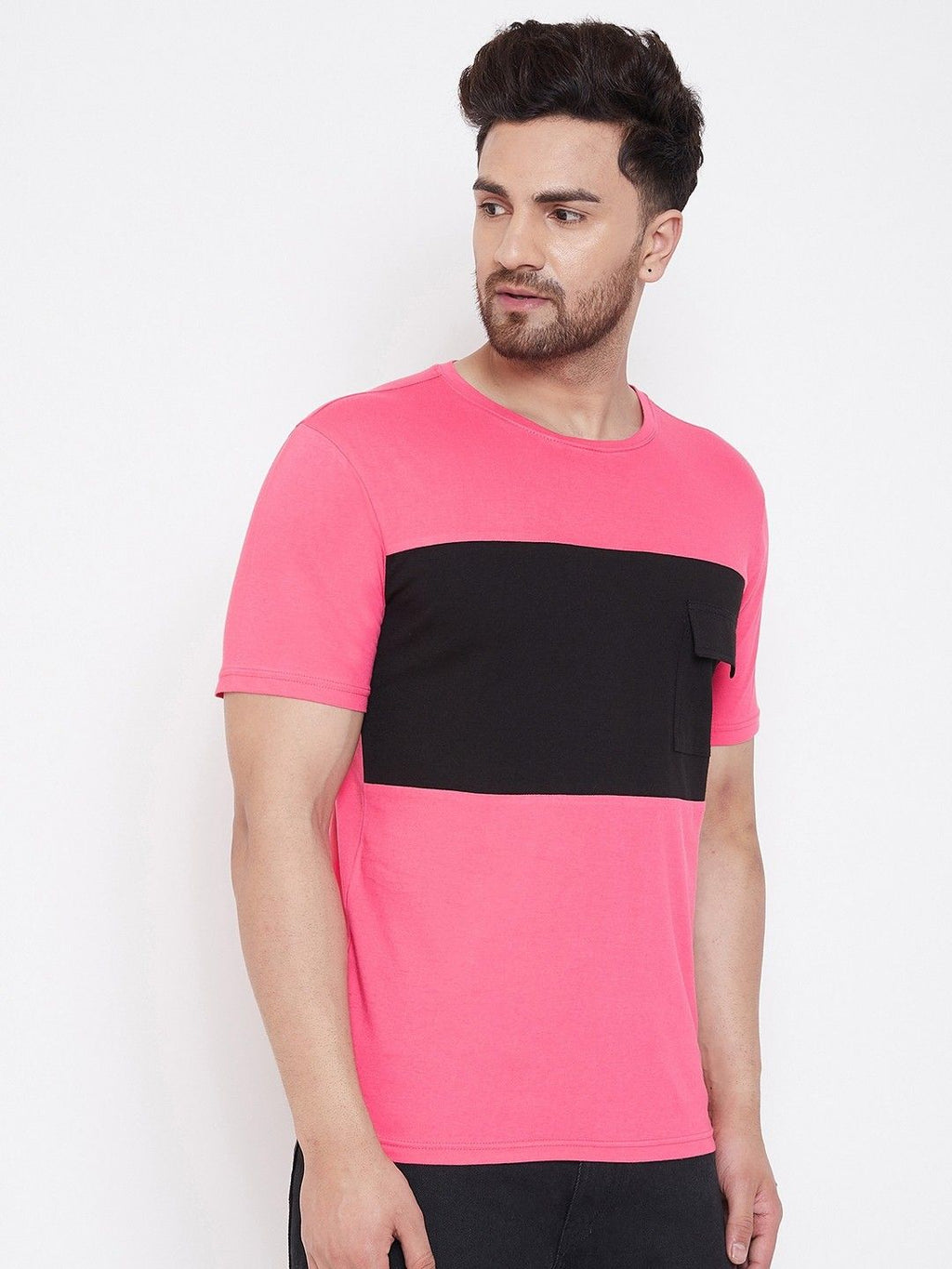 Pink Men Half Sleeve Color Block T-Shirt