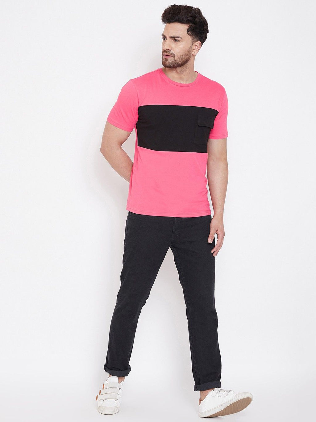 Pink Men Half Sleeve Color Block T-Shirt