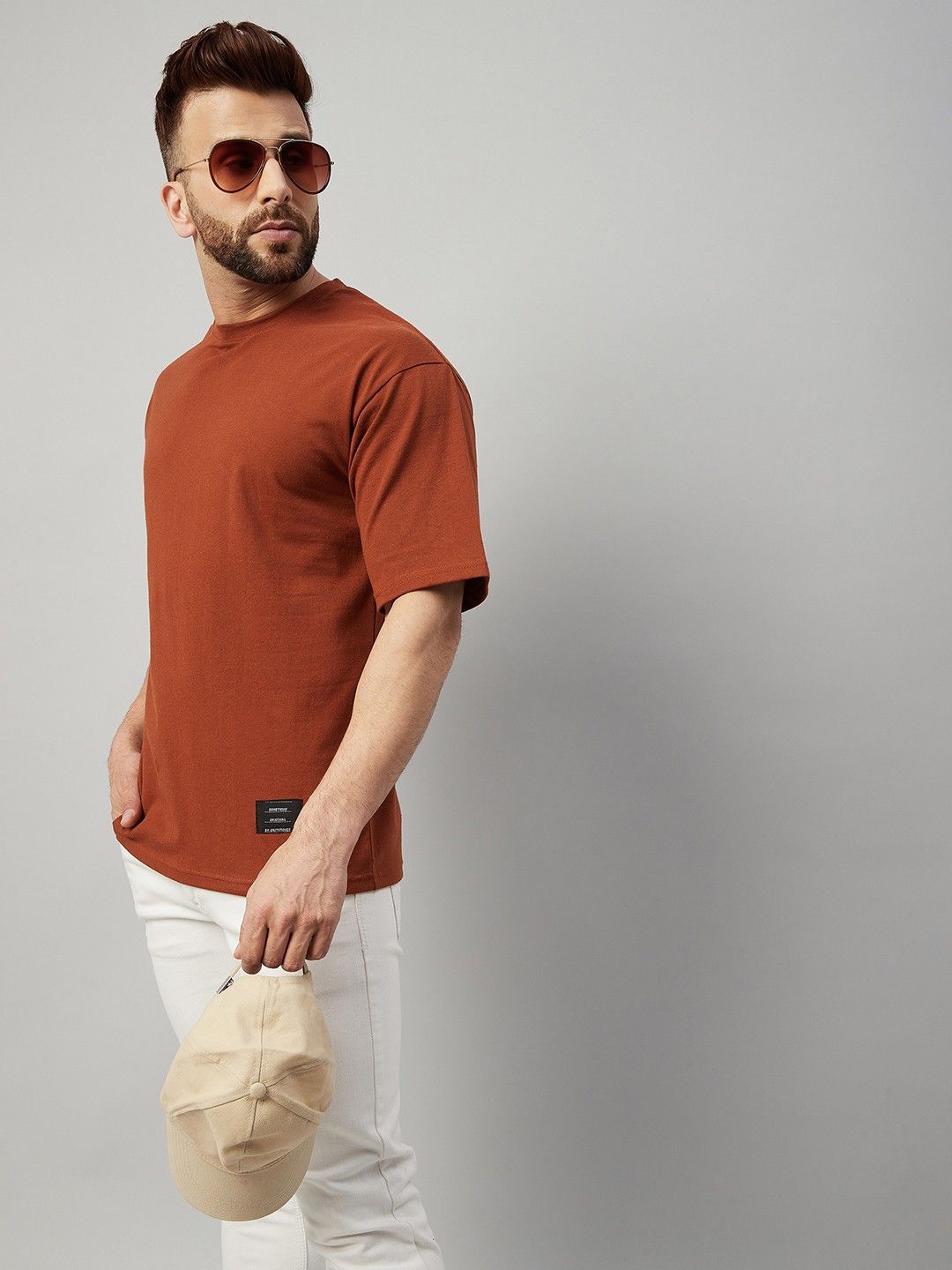 Brown Men Round Neck Oversized T-Shirt