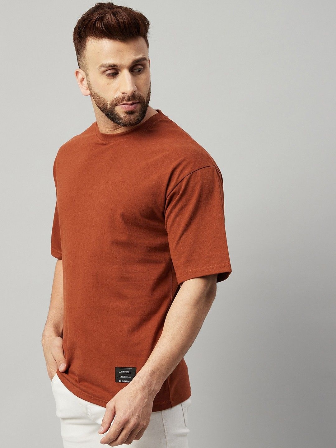 Brown Men Round Neck Oversized T-Shirt