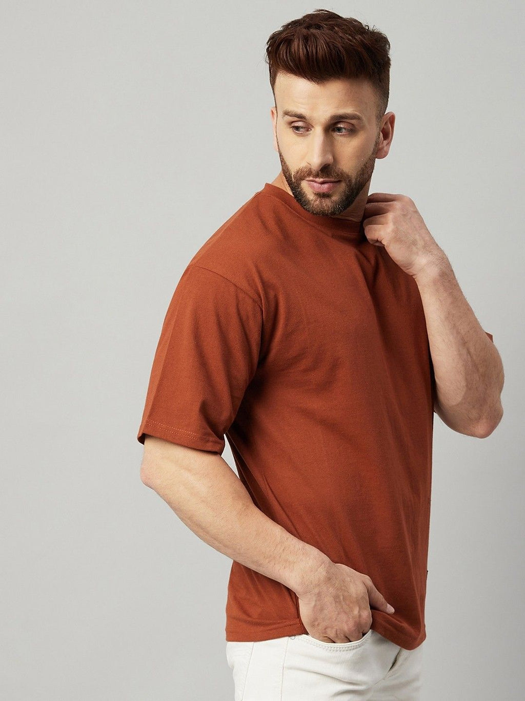Brown Men Round Neck Oversized T-Shirt