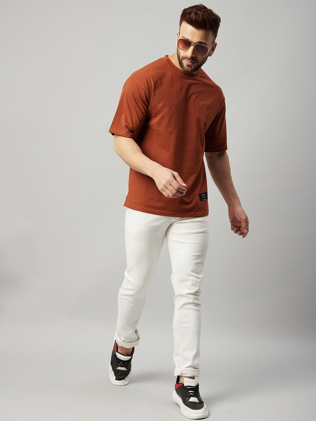 Brown Men Round Neck Oversized T-Shirt