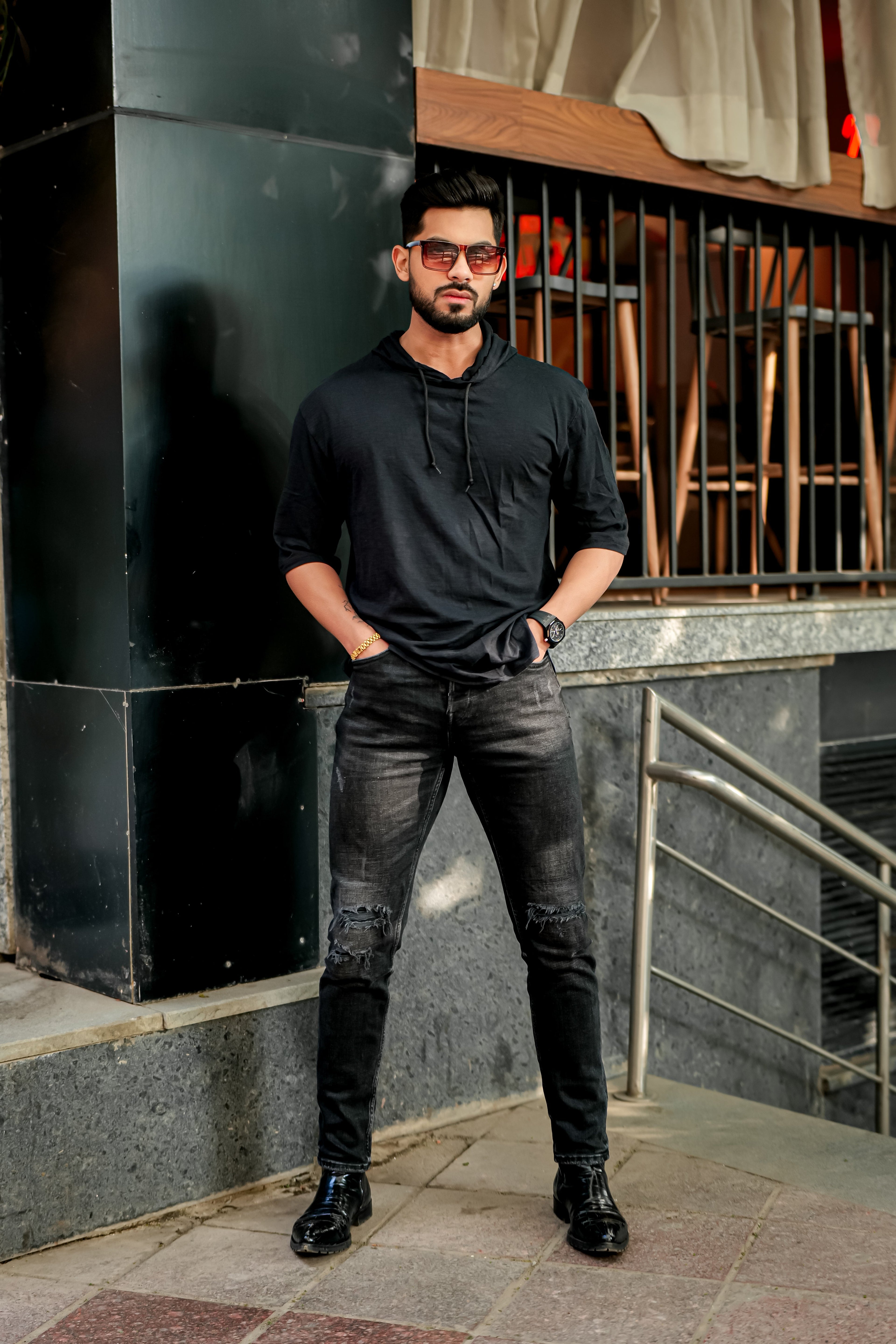 Black Slub Self Design Hooded T-Shirt