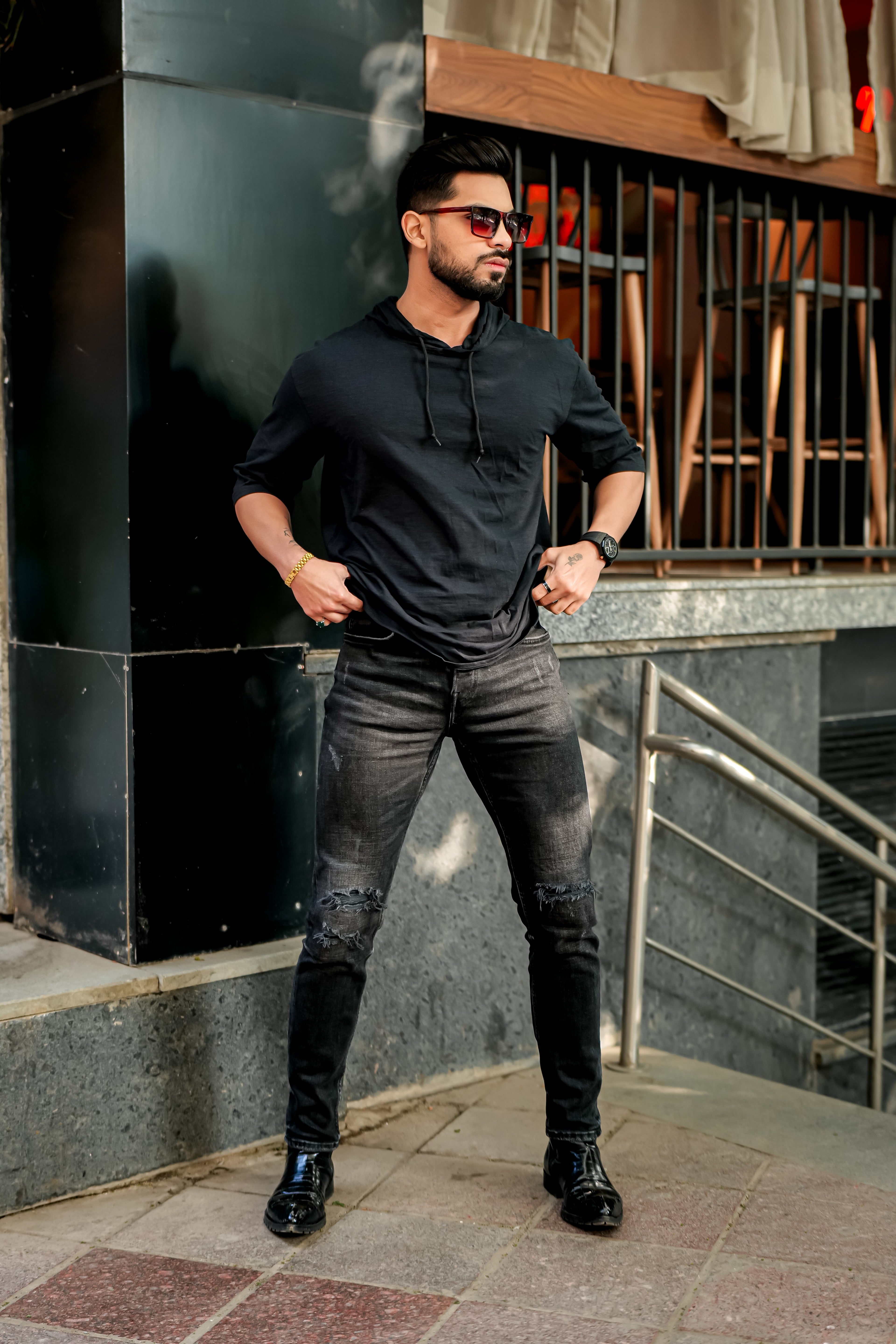 Black Slub Self Design Hooded T-Shirt