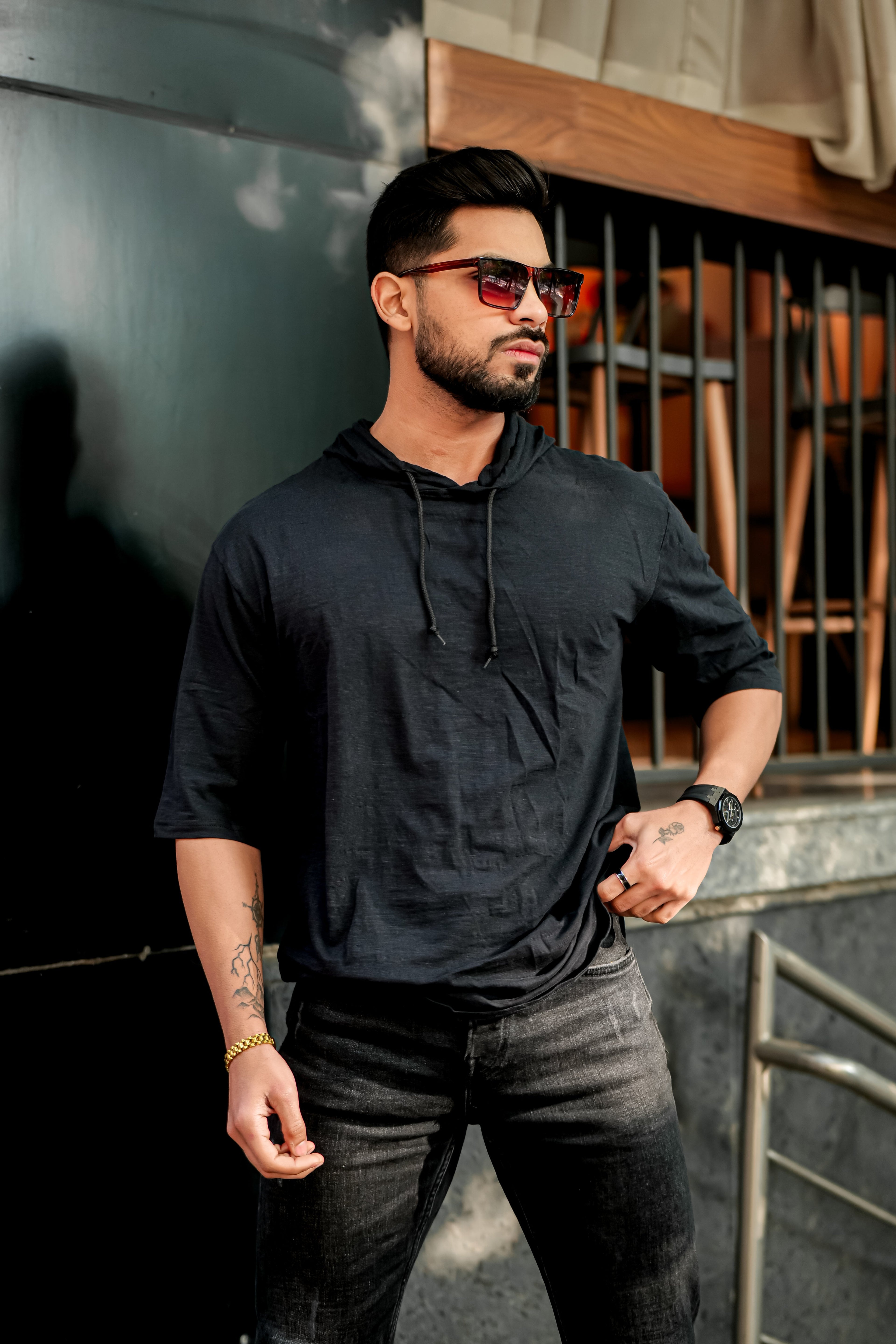 Black Slub Self Design Hooded T-Shirt