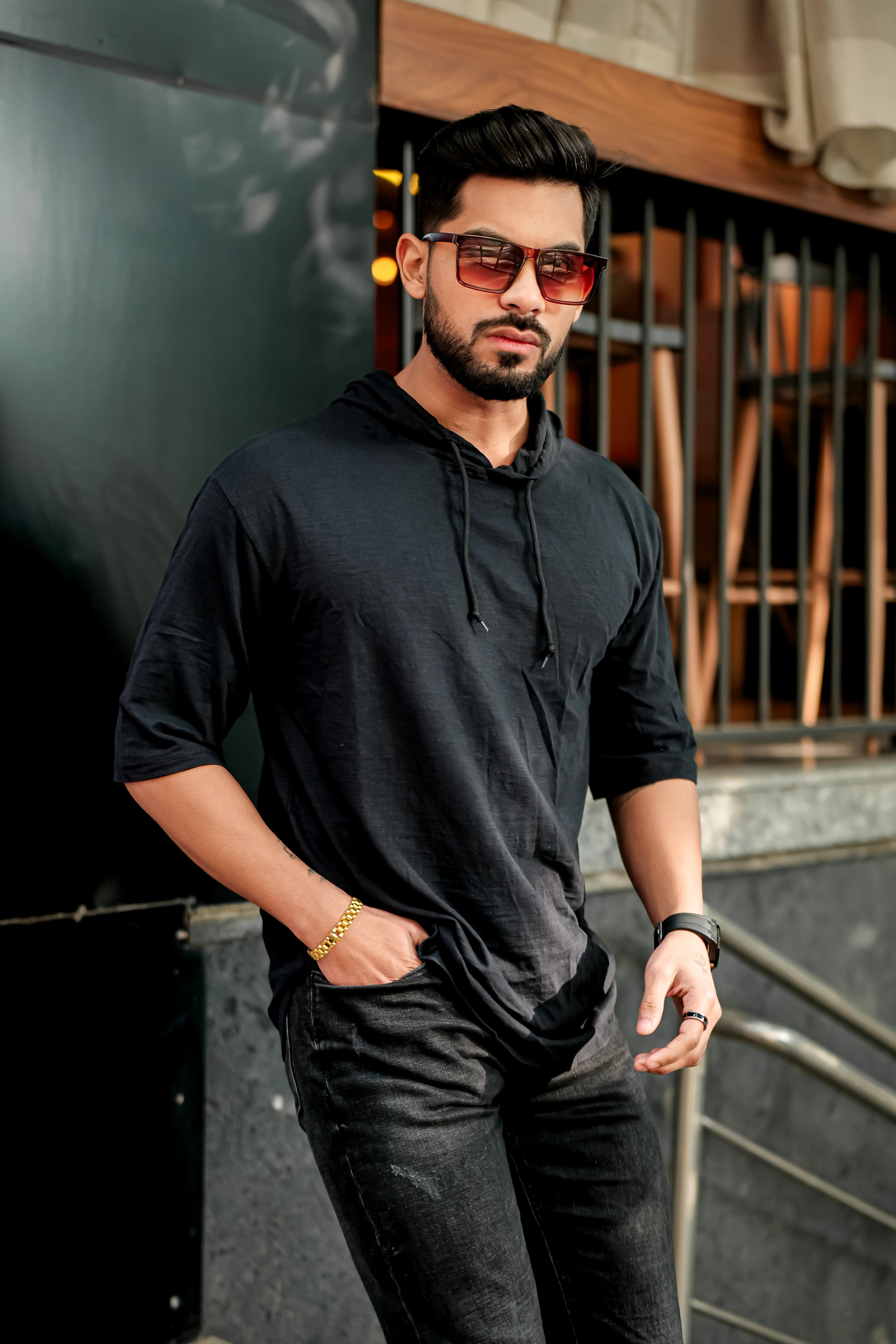 Black Slub Self Design Hooded T-Shirt