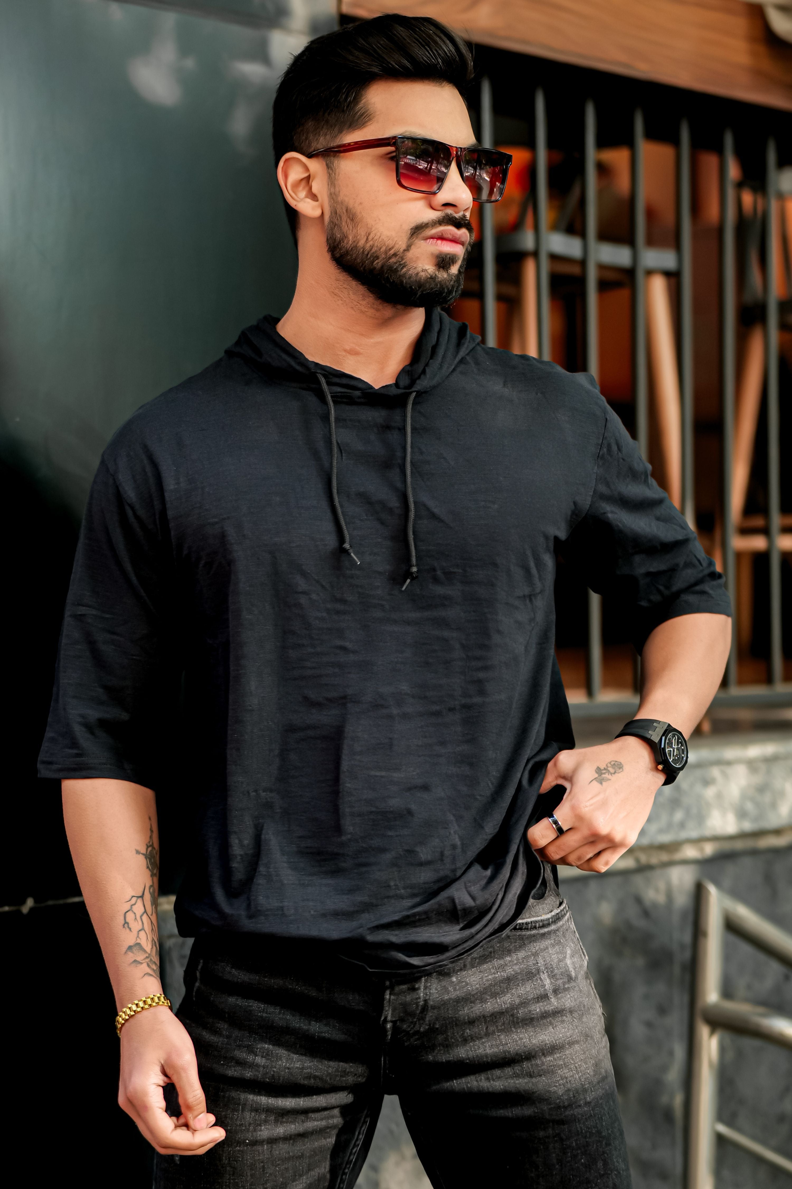 Black Slub Self Design Hooded T-Shirt