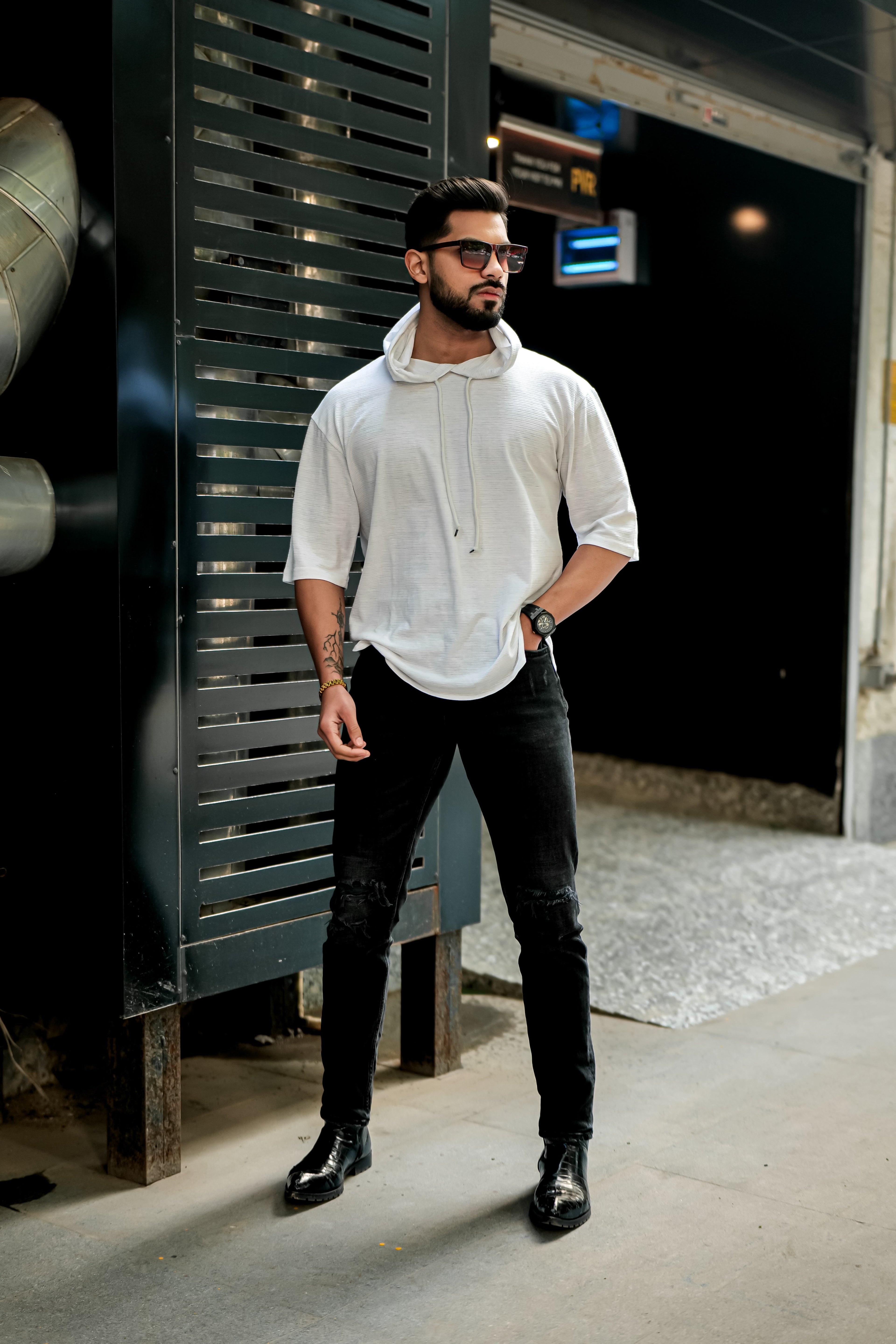 White Slub Oversized Self Design Hooded T-Shirt