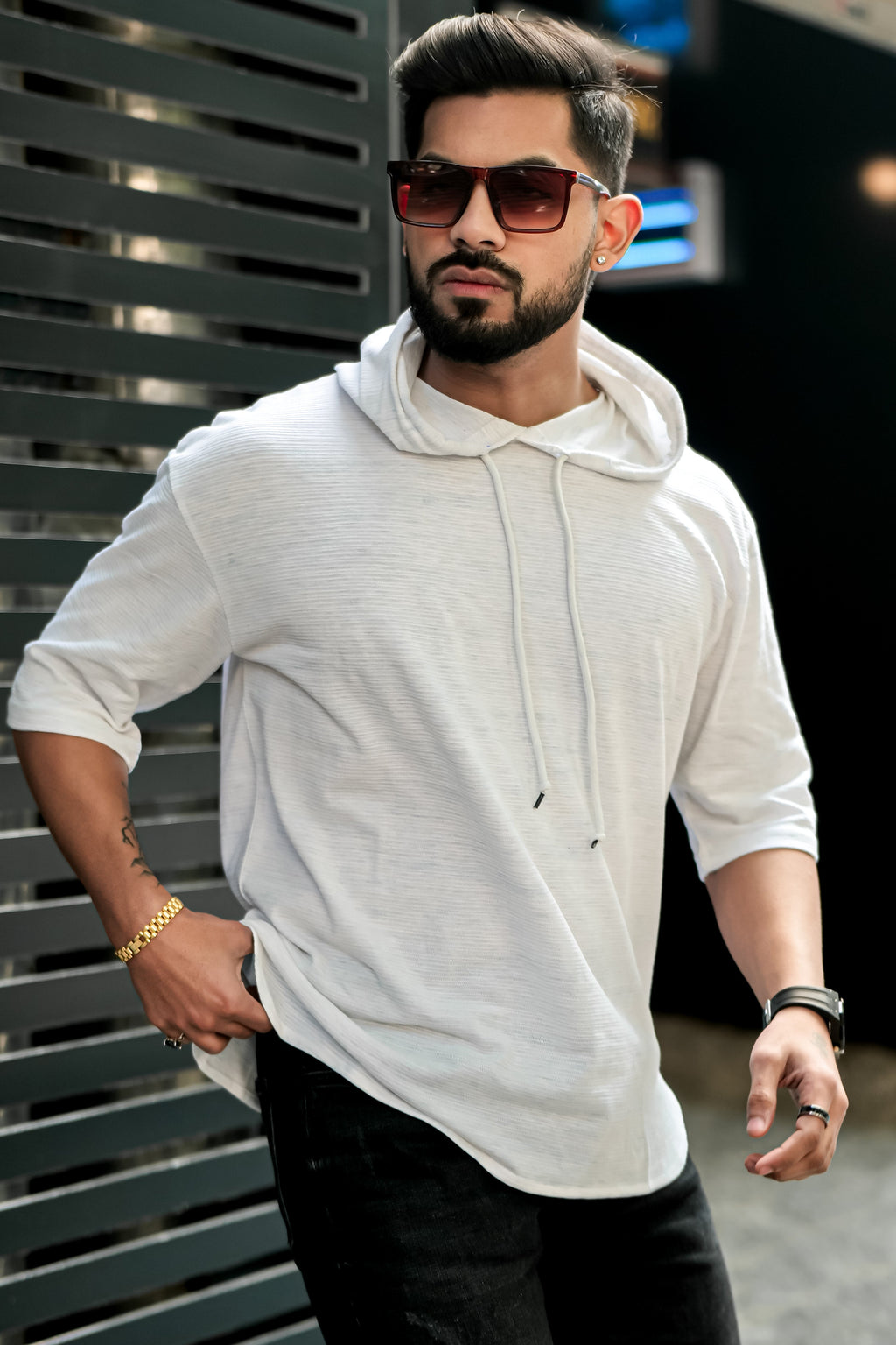 White Slub Oversized Self Design Hooded T-Shirt