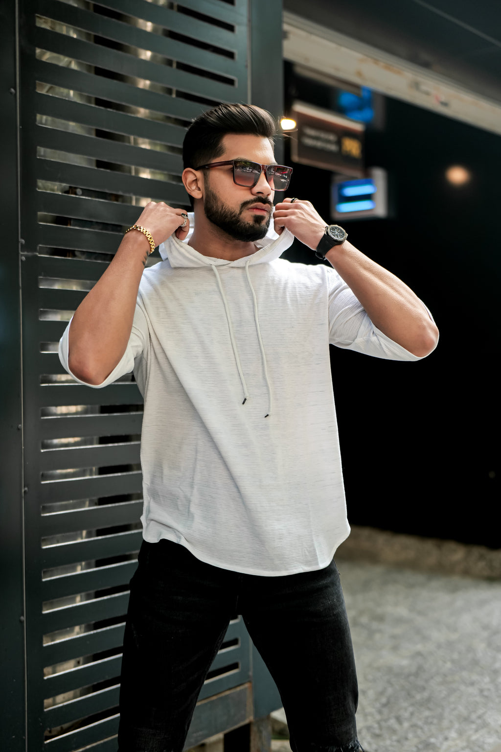 White Slub Oversized Self Design Hooded T-Shirt