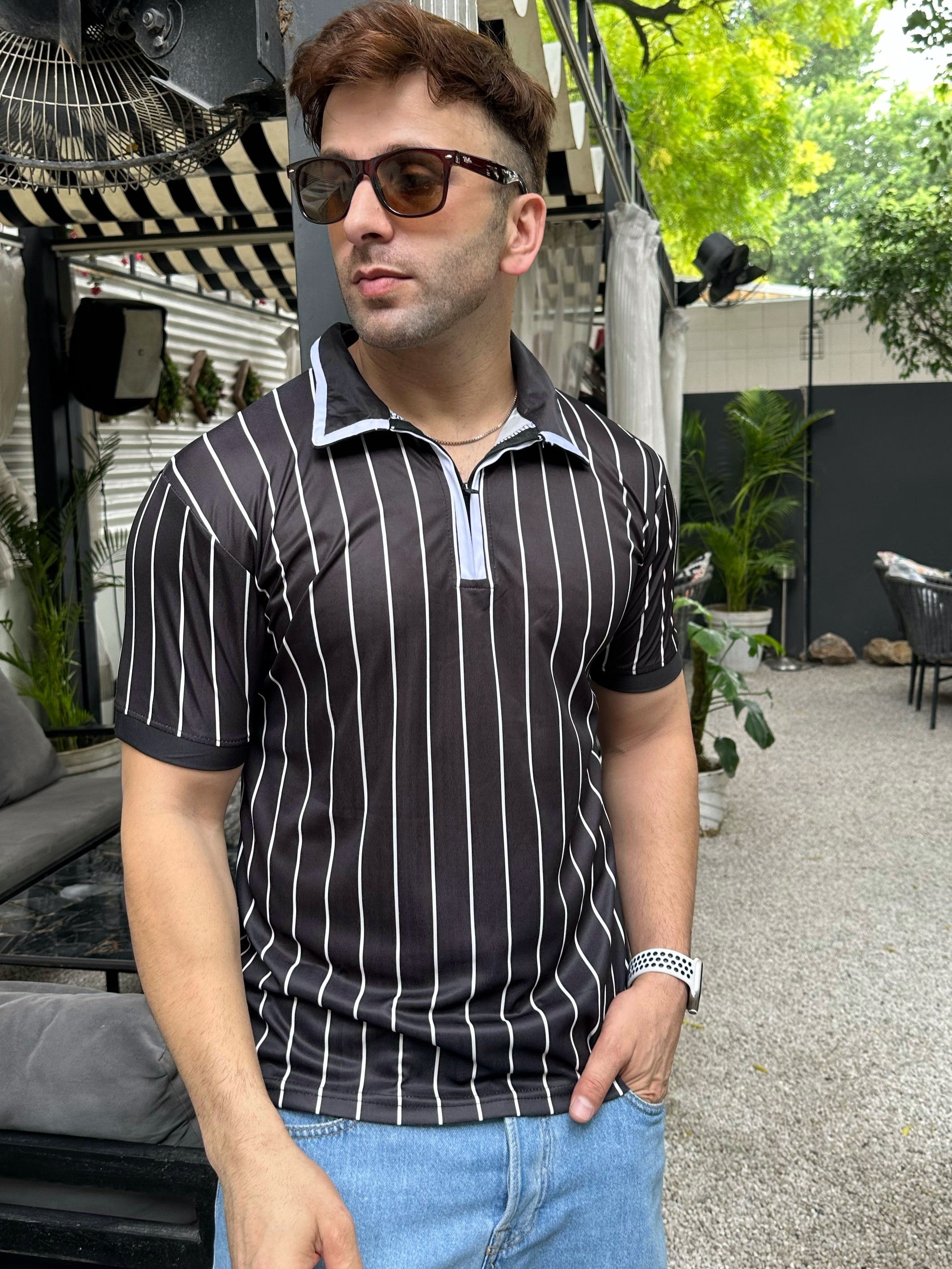 Dry Fit Black Self Design Zipper Polo T-Shirt