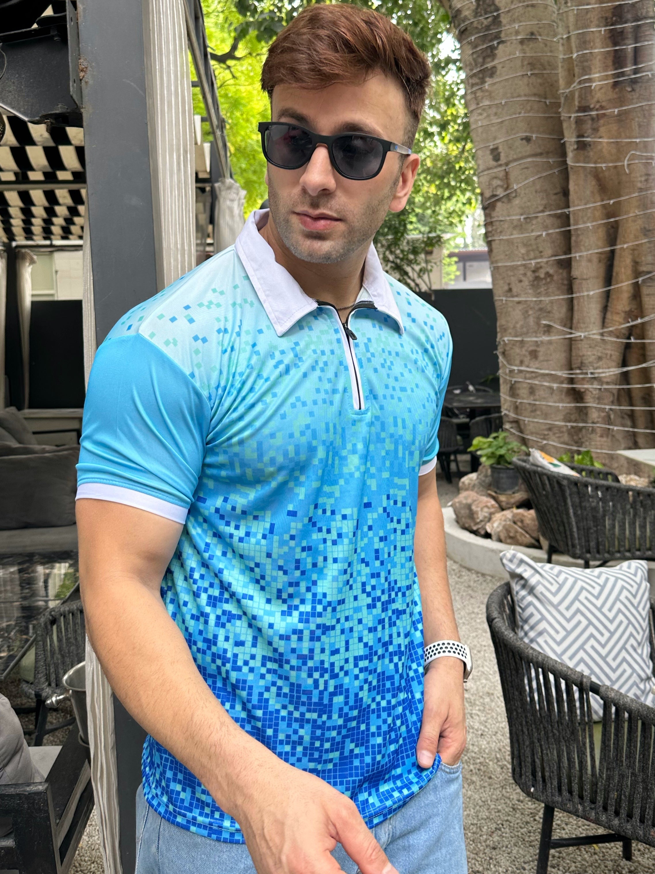 Bleed Blue Self Design Zipper Polo T-Shirt