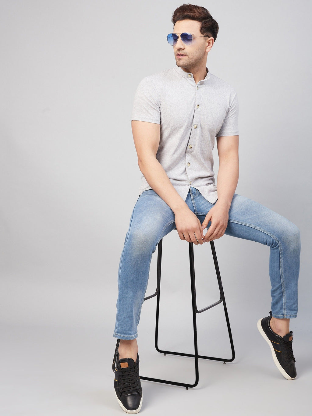 Grey Melange Half Sleeve Cotton Blend Shirt