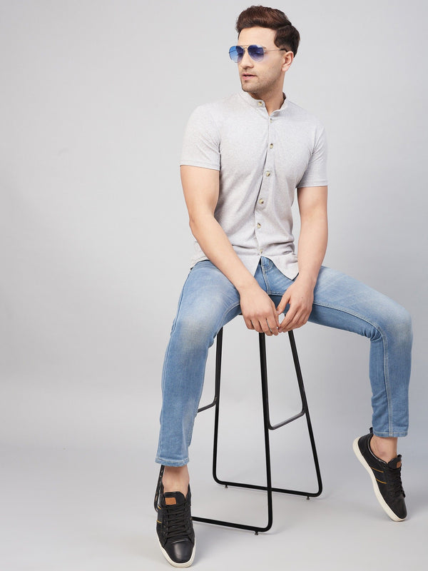 Grey Melange Half Sleeve Cotton Blend Shirt