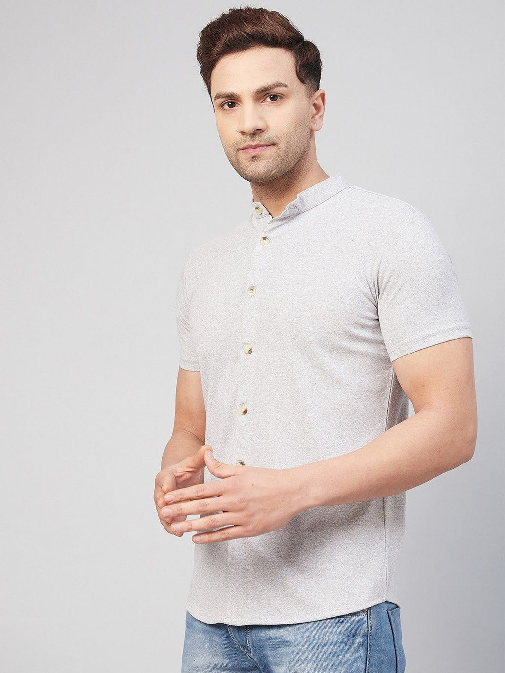 Grey Melange Half Sleeve Cotton Blend Shirt