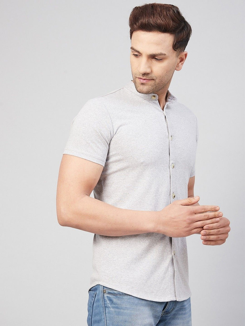 Grey Melange Half Sleeve Cotton Blend Shirt