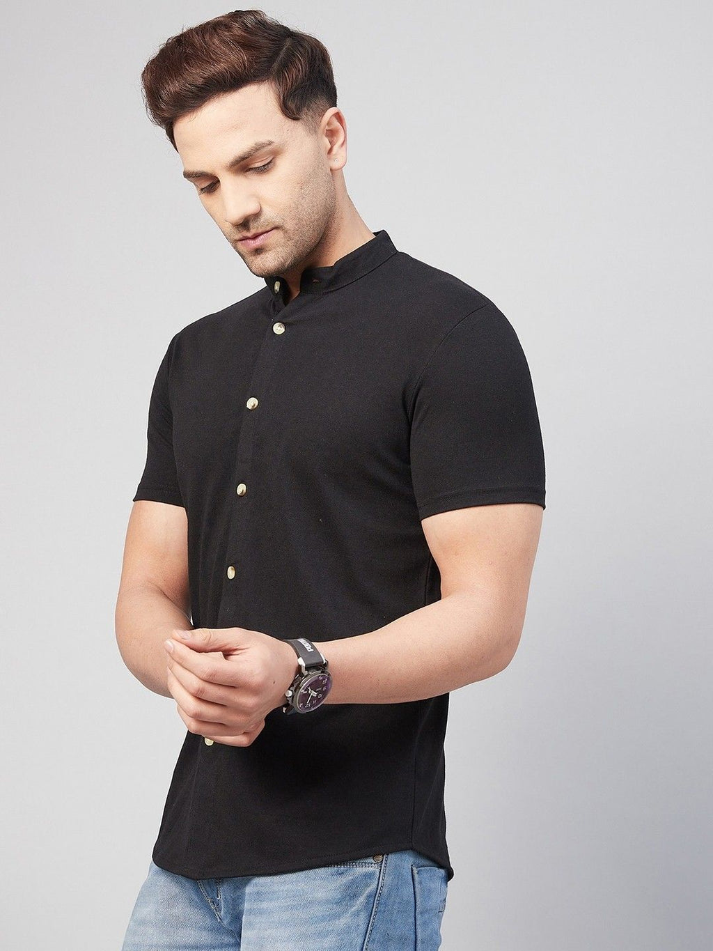 Black Solid Half Sleeve Cotton Knit Shirt