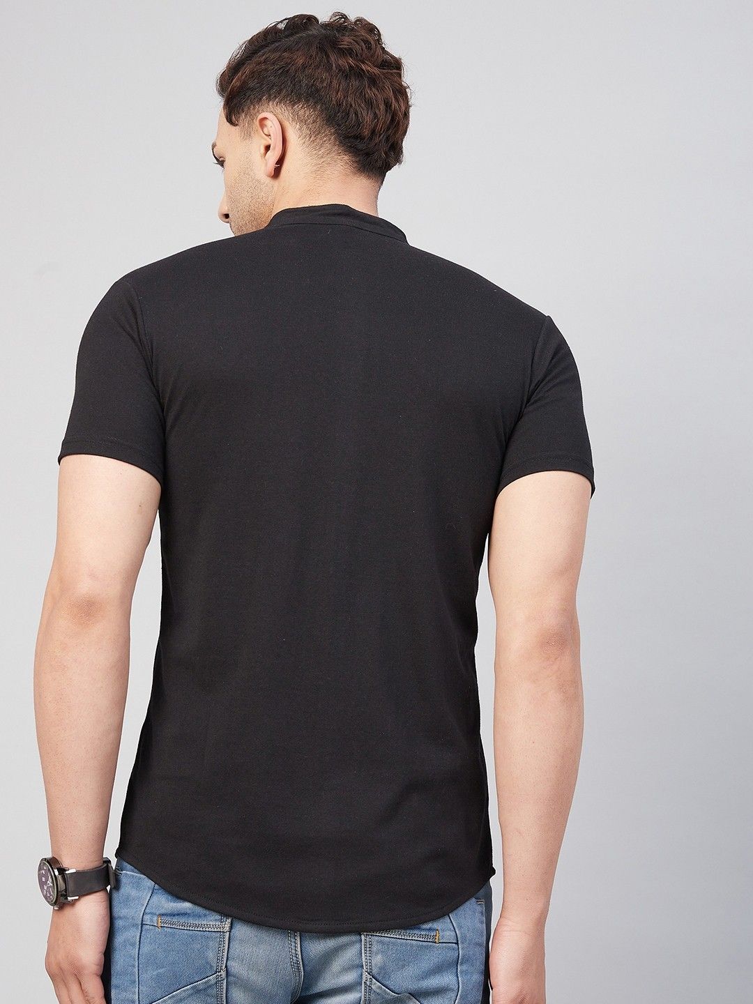 Black Solid Half Sleeve Cotton Knit Shirt