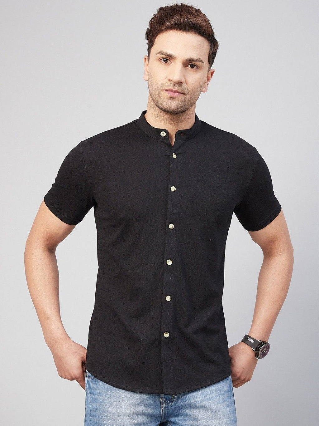 Black Solid Half Sleeve Cotton Knit Shirt