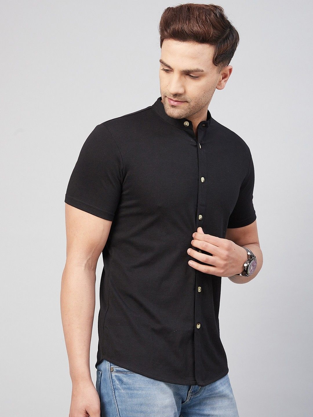 Black Solid Half Sleeve Cotton Knit Shirt