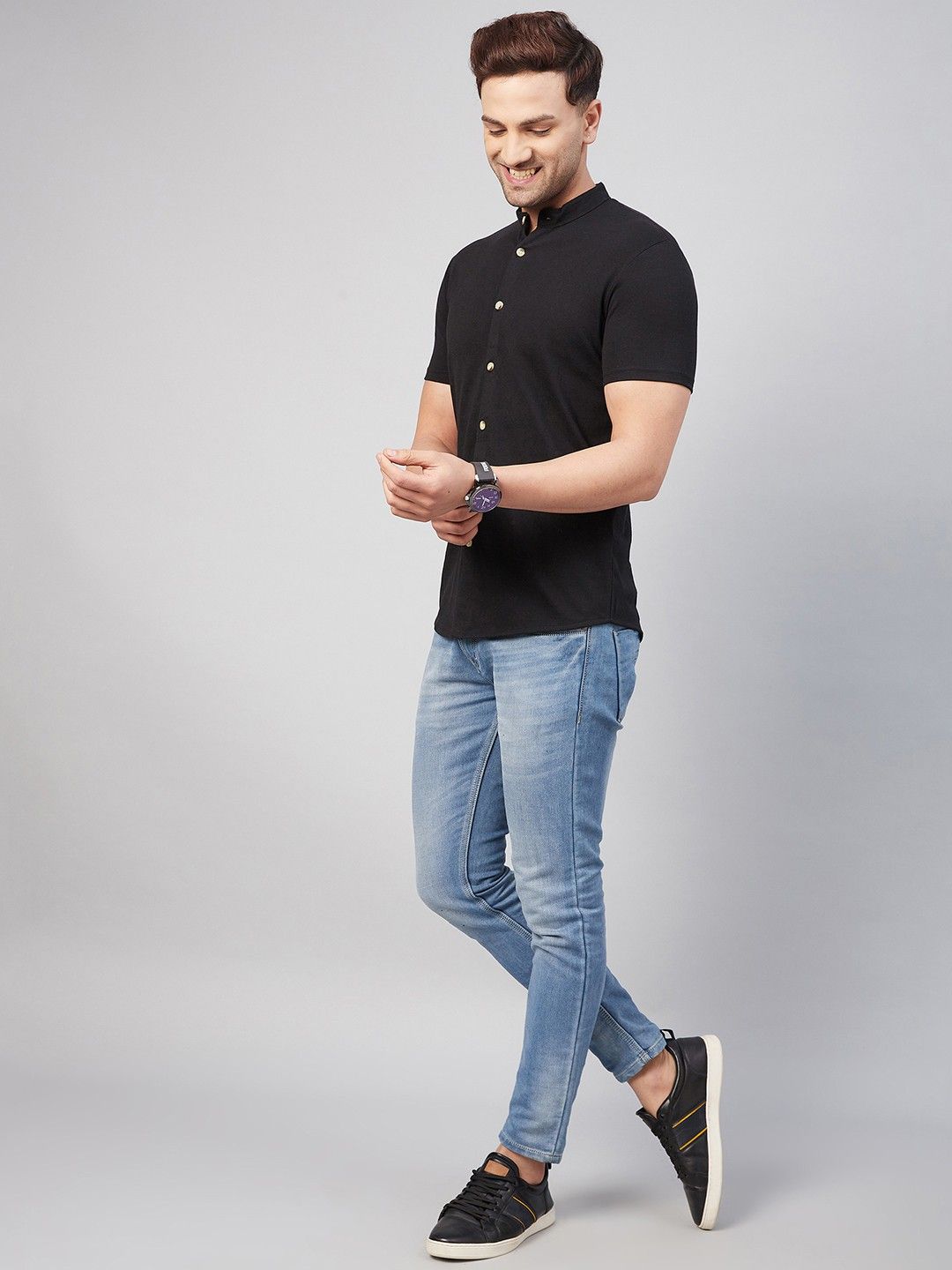 Black Solid Half Sleeve Cotton Knit Shirt
