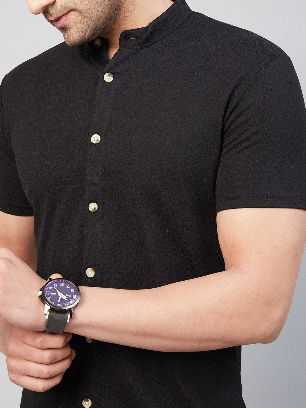 Black Solid Half Sleeve Cotton Knit Shirt
