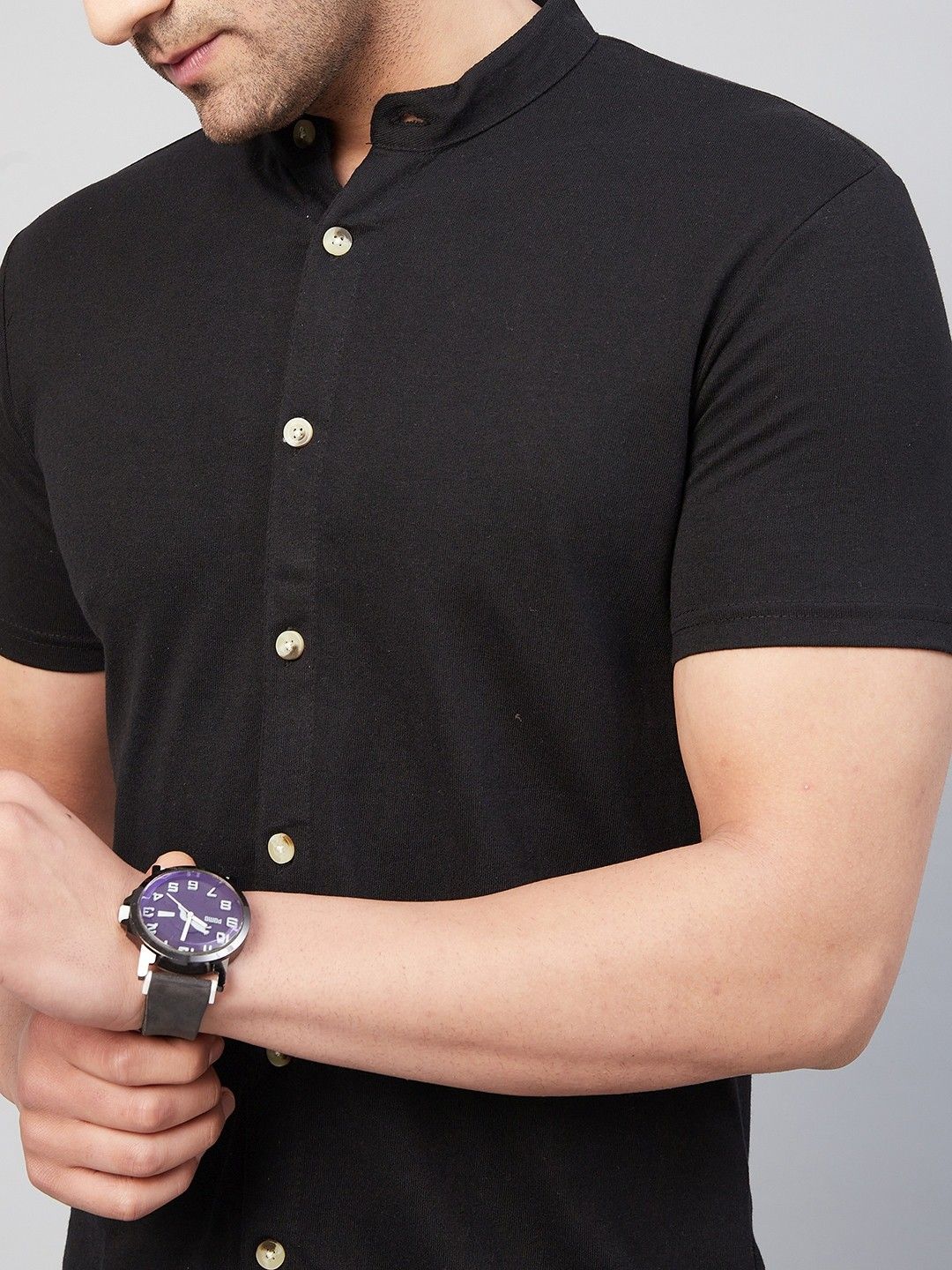 Black Solid Half Sleeve Cotton Knit Shirt
