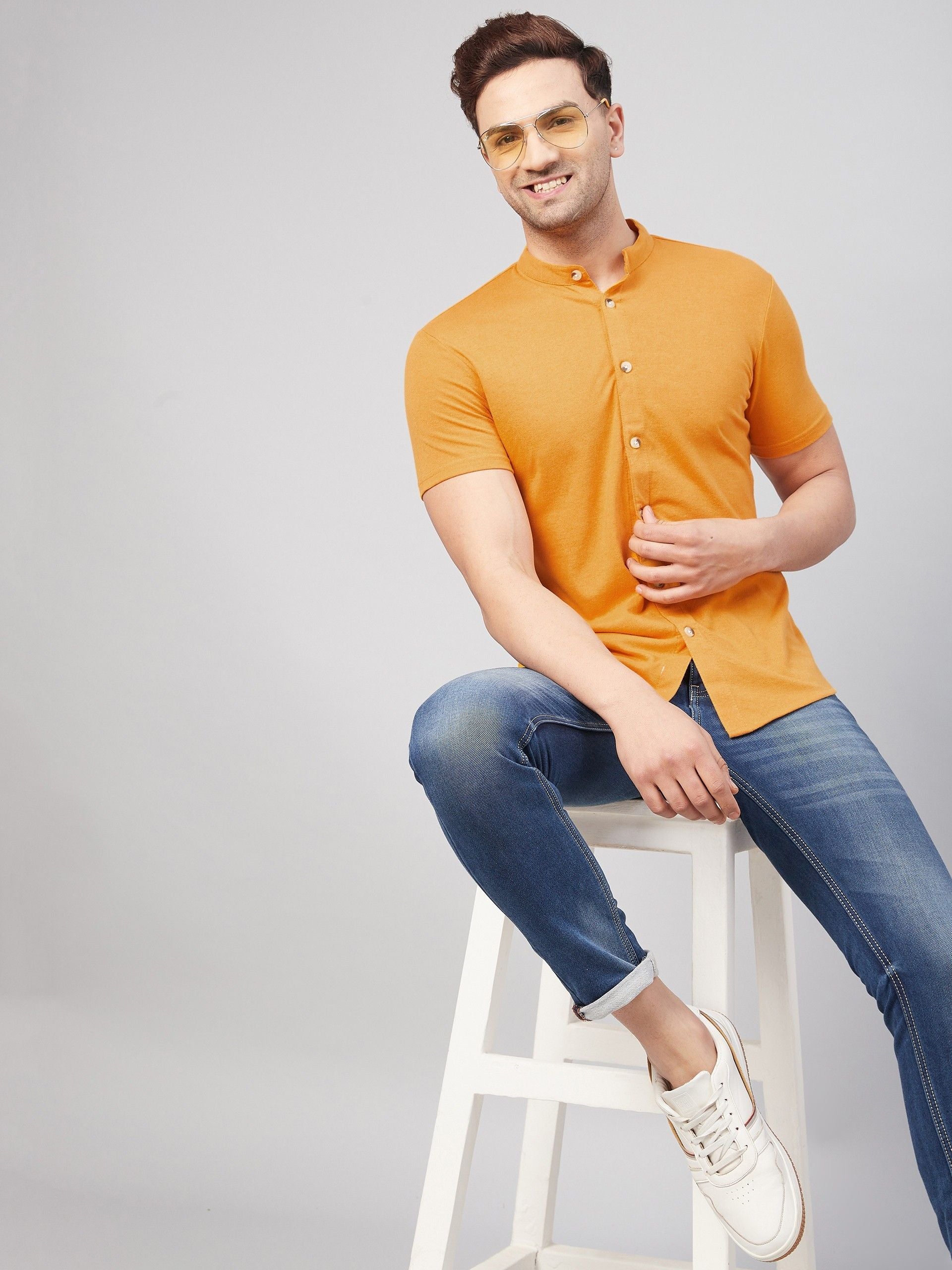 Mustard Half Sleeve Men Solid Shirt