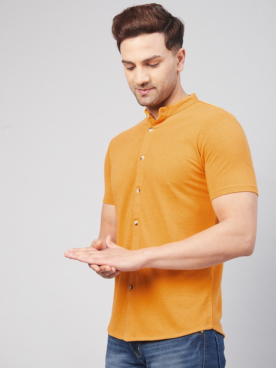 Mustard Half Sleeve Men Solid Shirt