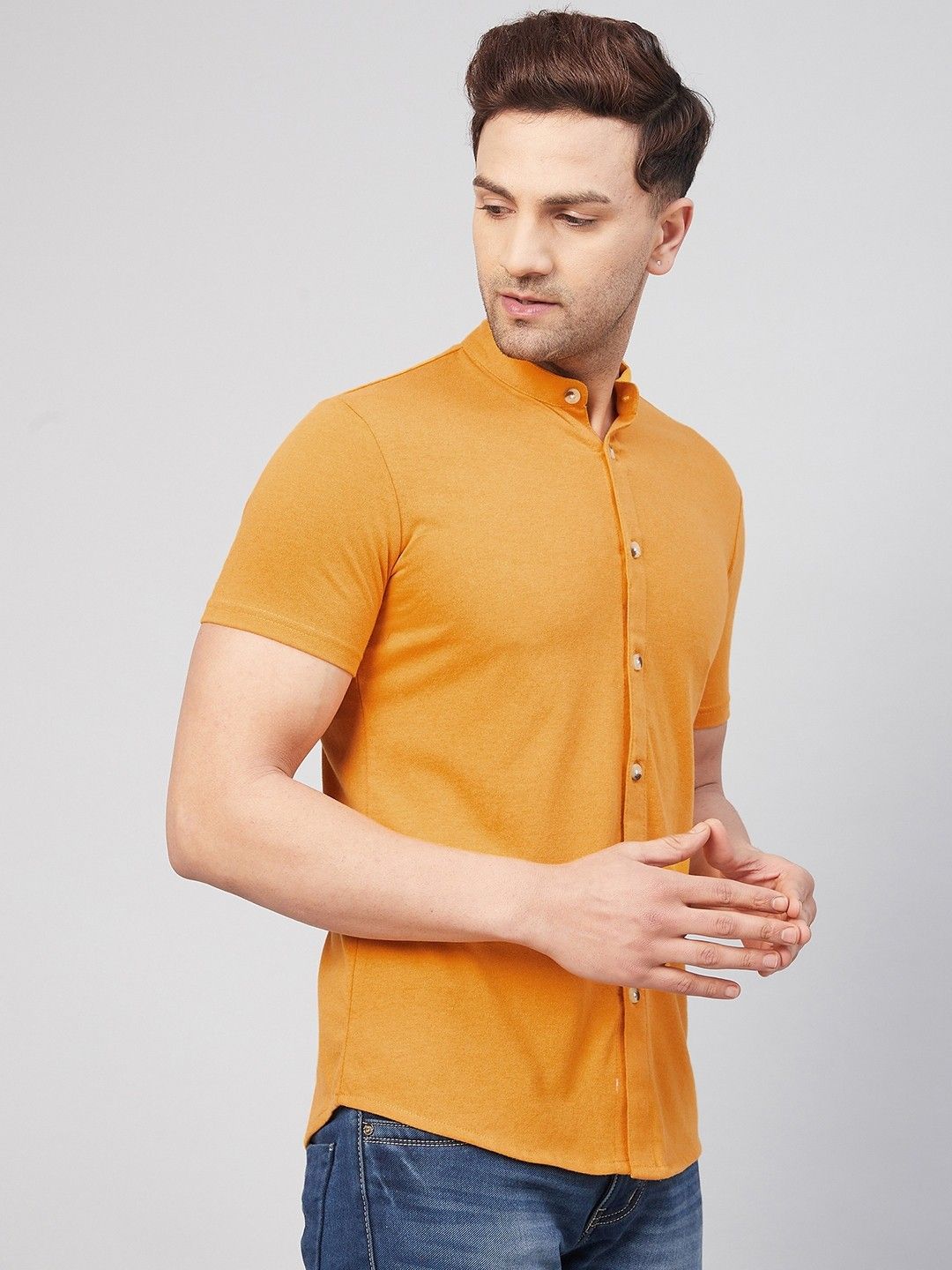Mustard Half Sleeve Men Solid Shirt