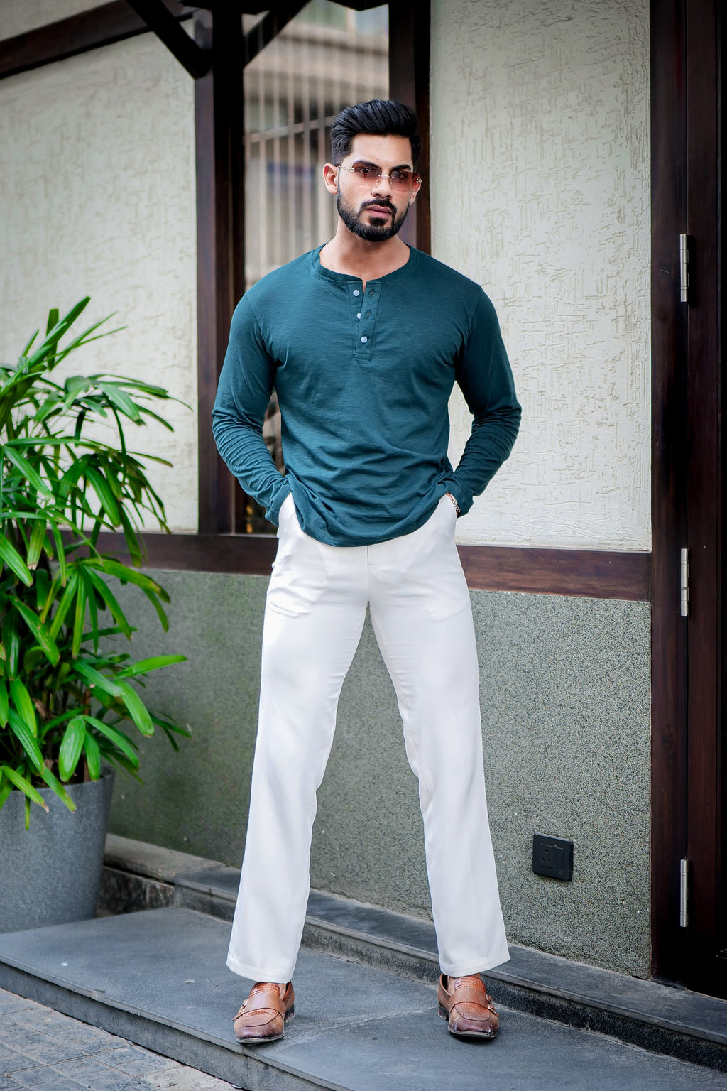 Green Self Design Slub Henley T-Shirt