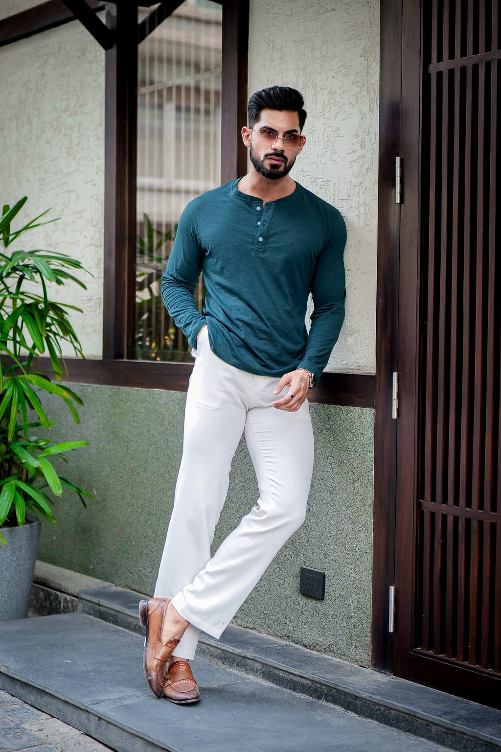 Green Self Design Slub Henley T-Shirt