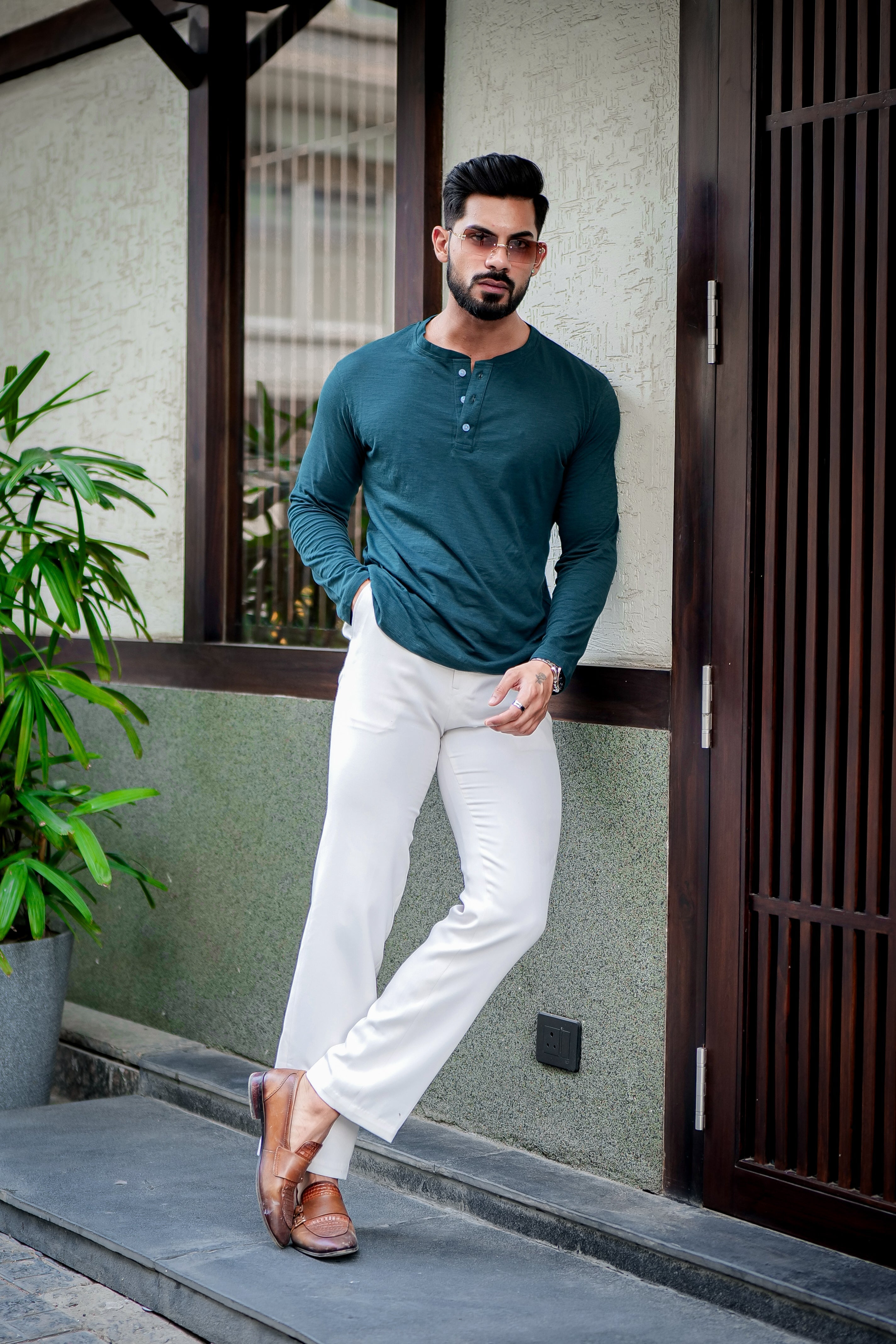 Green Self Design Slub Henley T-Shirt