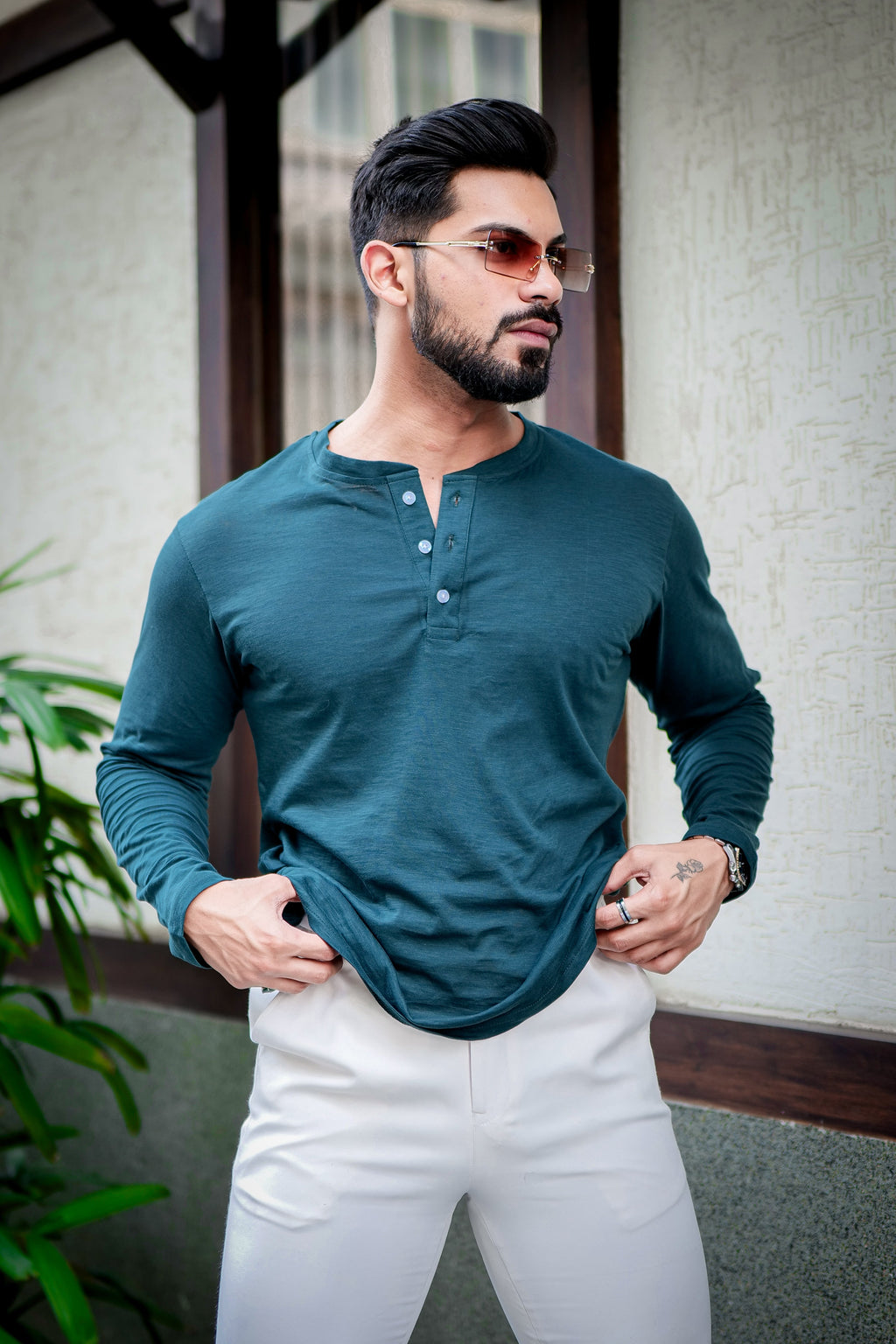 Green Self Design Slub Henley T-Shirt