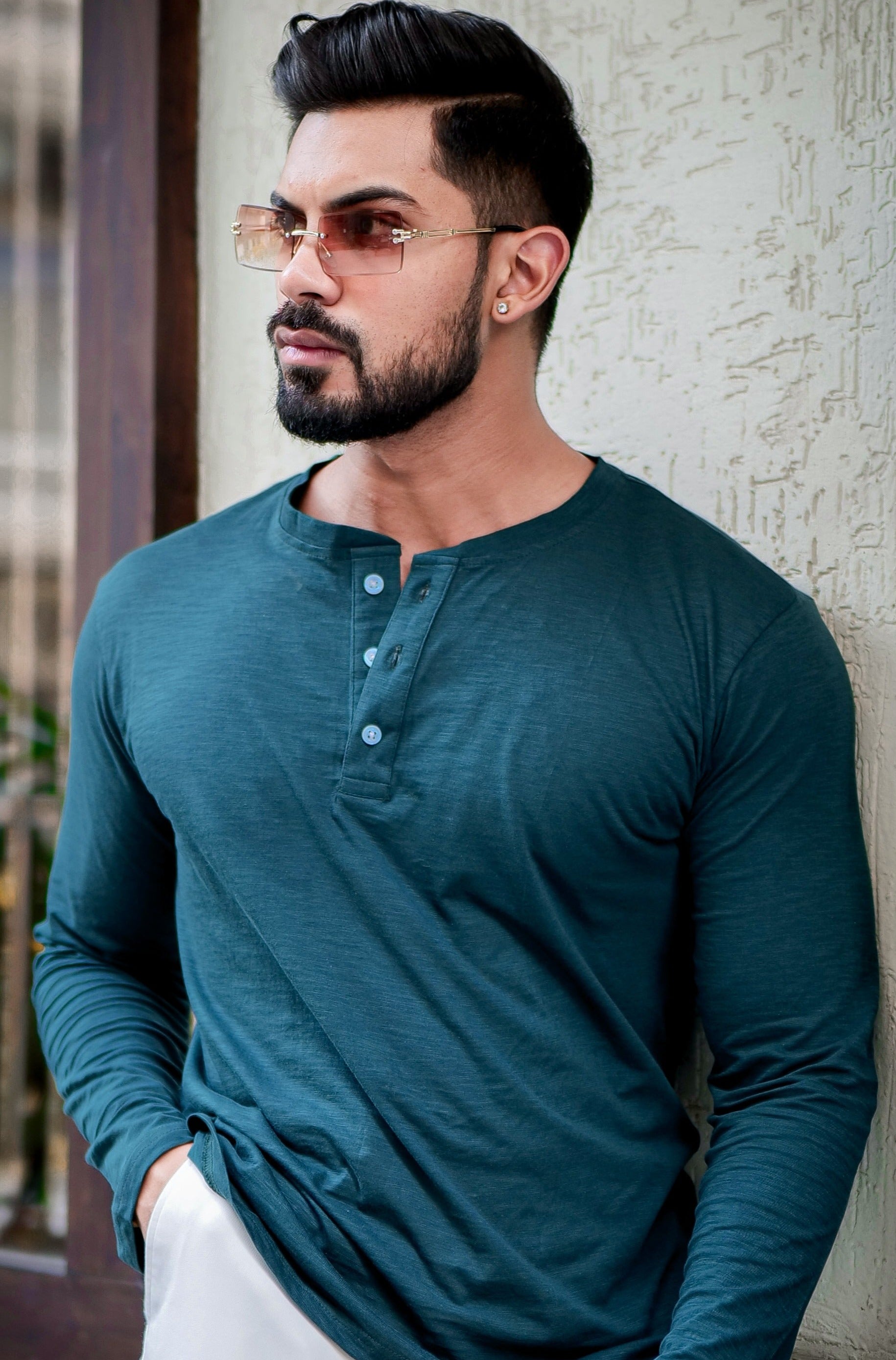 Green Self Design Slub Henley T-Shirt