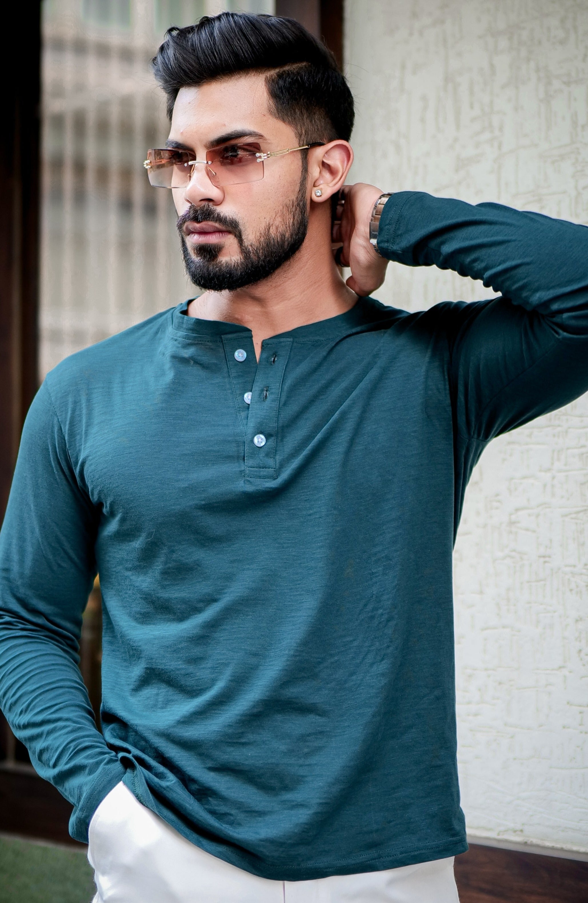 Green Self Design Slub Henley T-Shirt