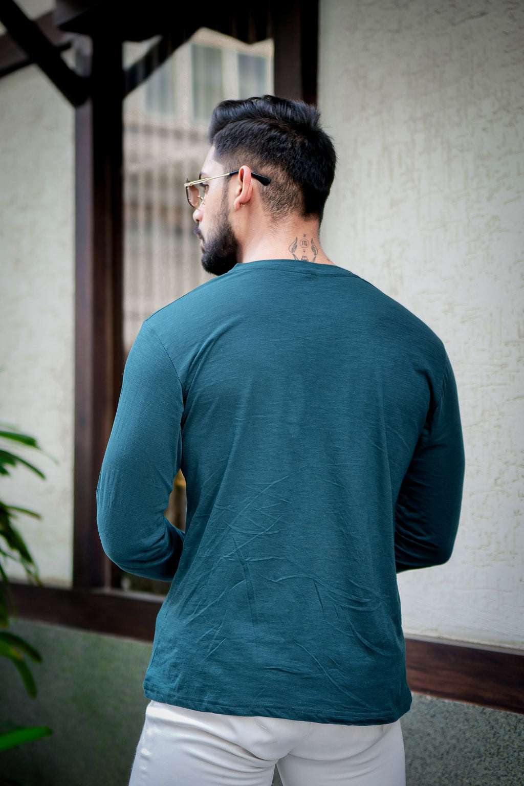 Green Self Design Slub Henley T-Shirt