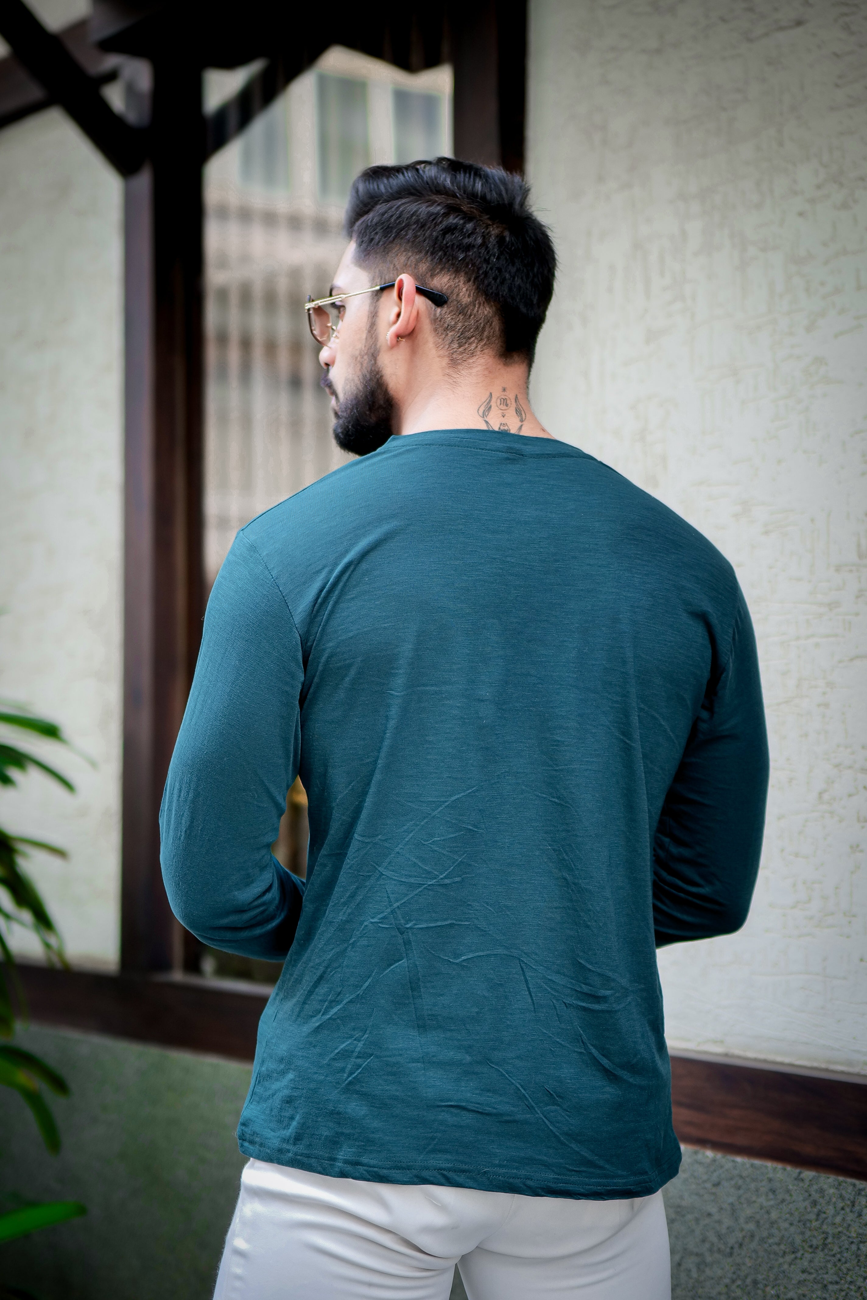 Green Self Design Slub Henley T-Shirt