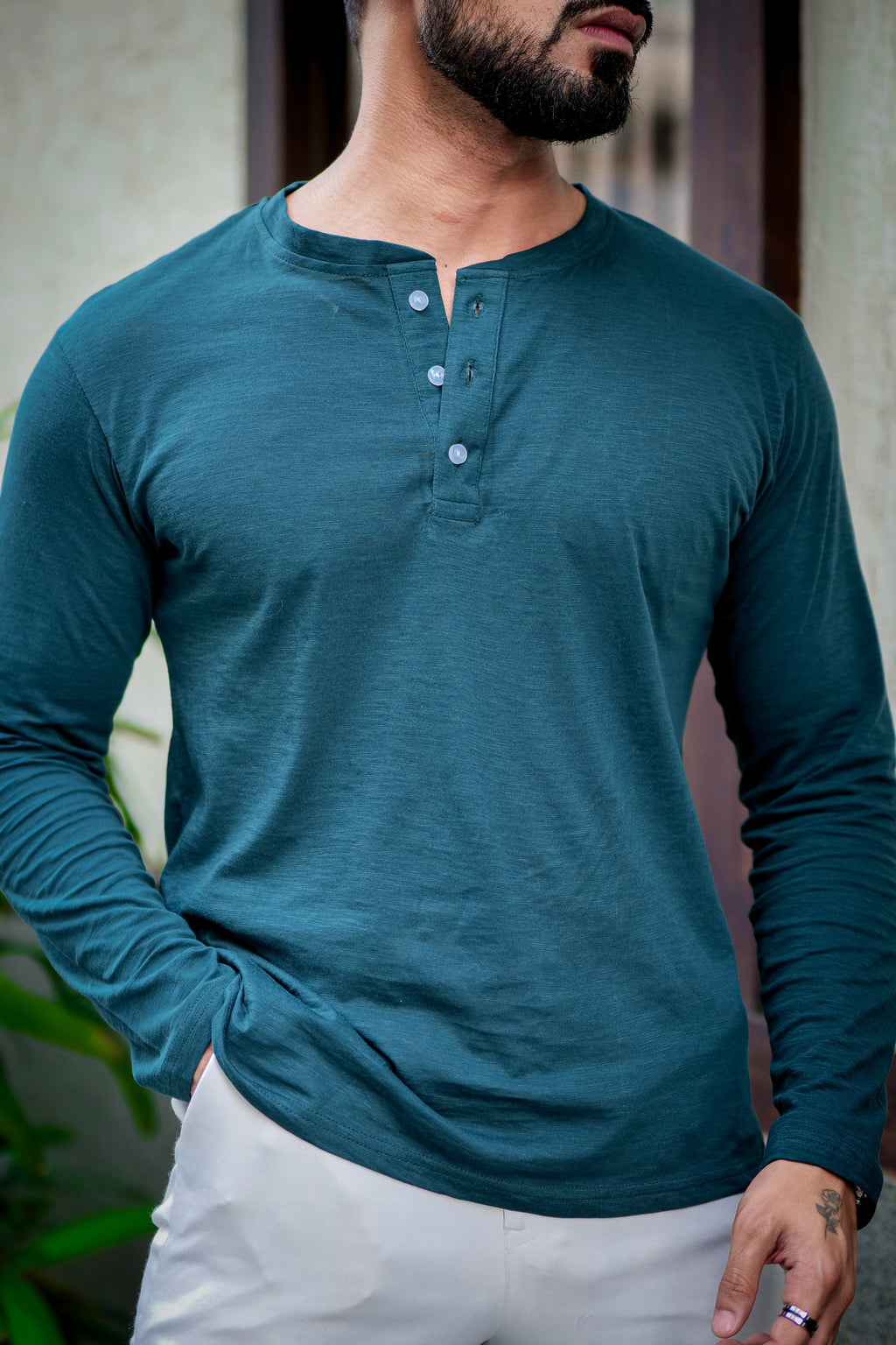Green Self Design Slub Henley T-Shirt