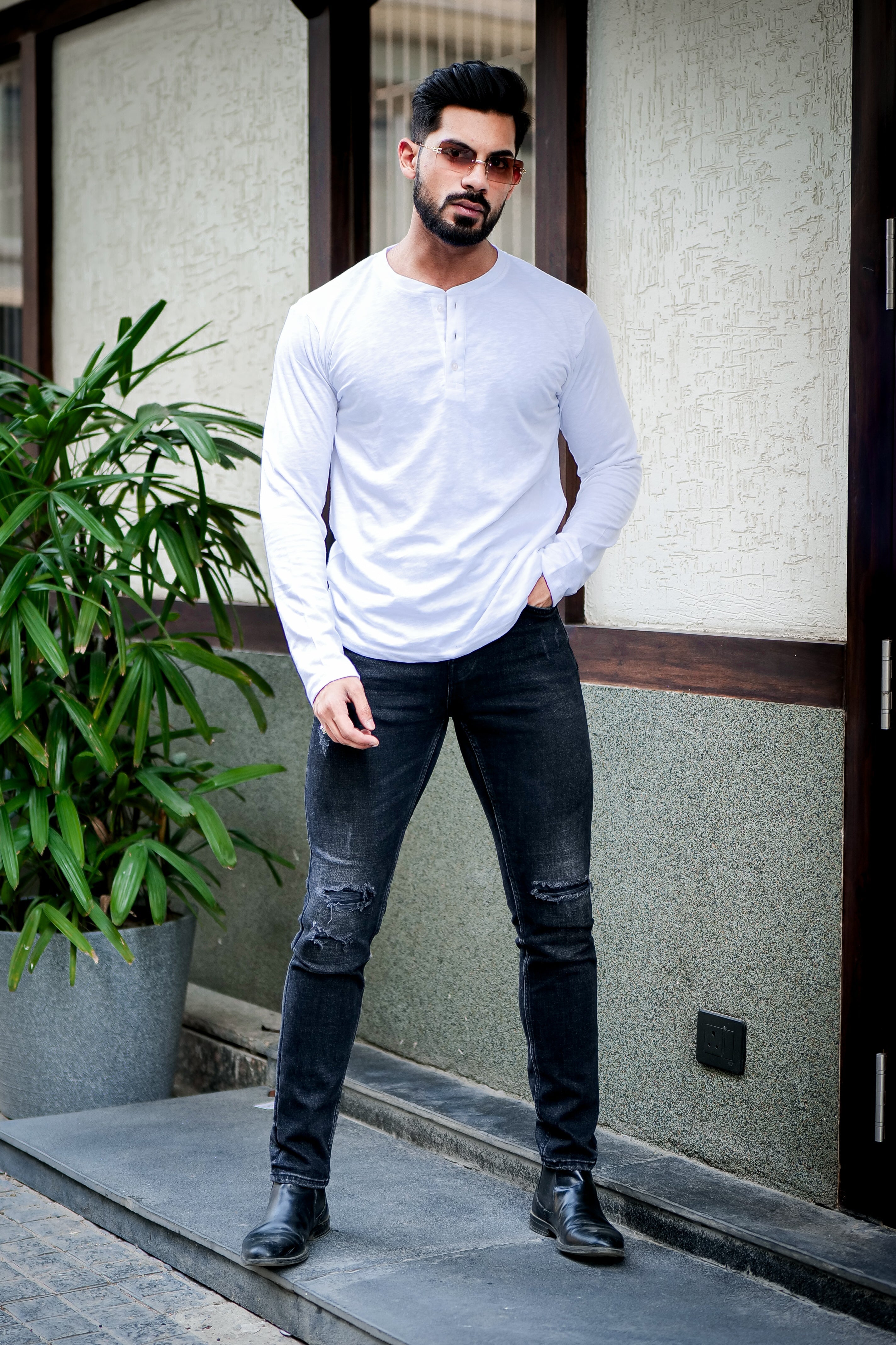 White Self Design Slub Henley T-Shirt