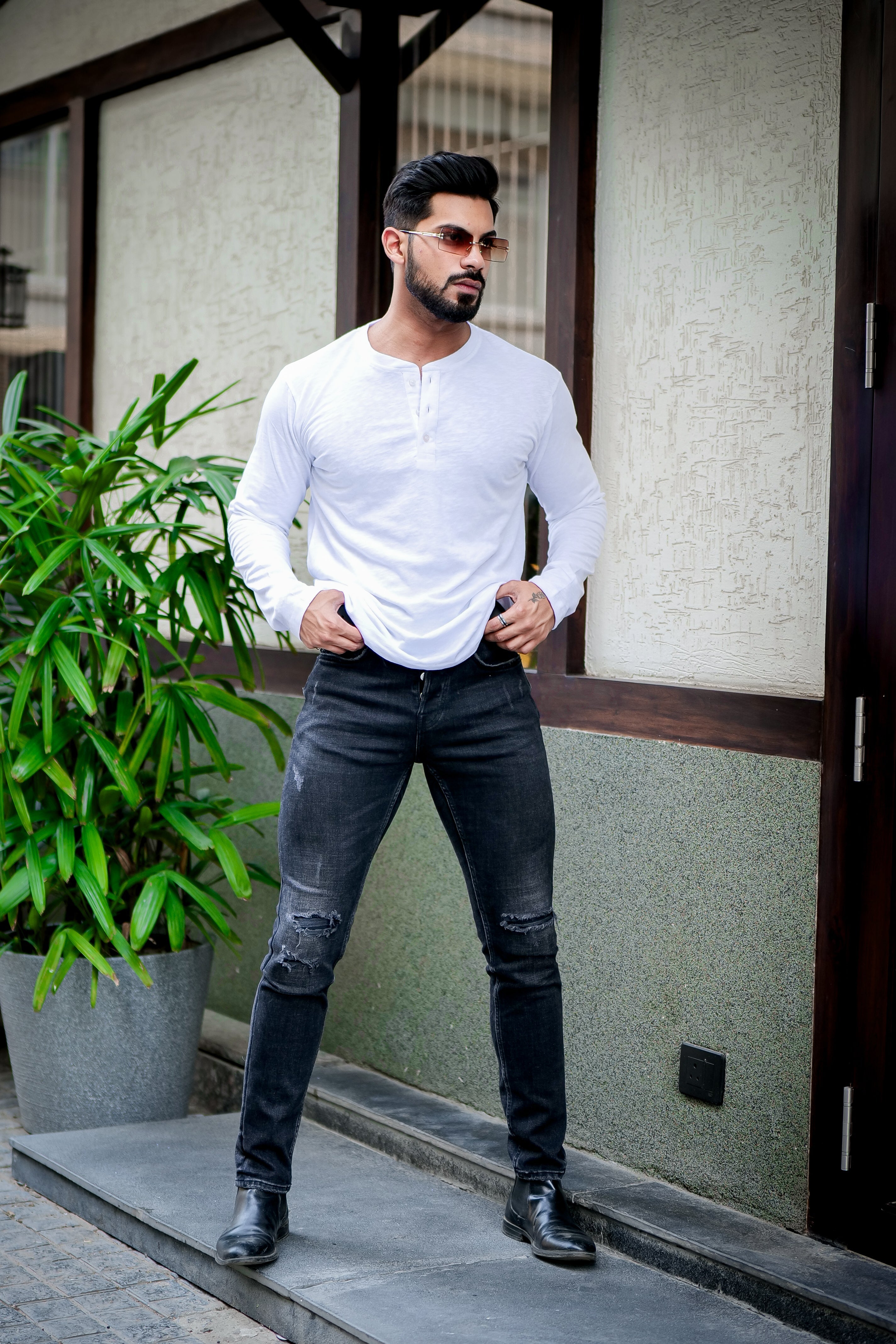 White Self Design Slub Henley T-Shirt