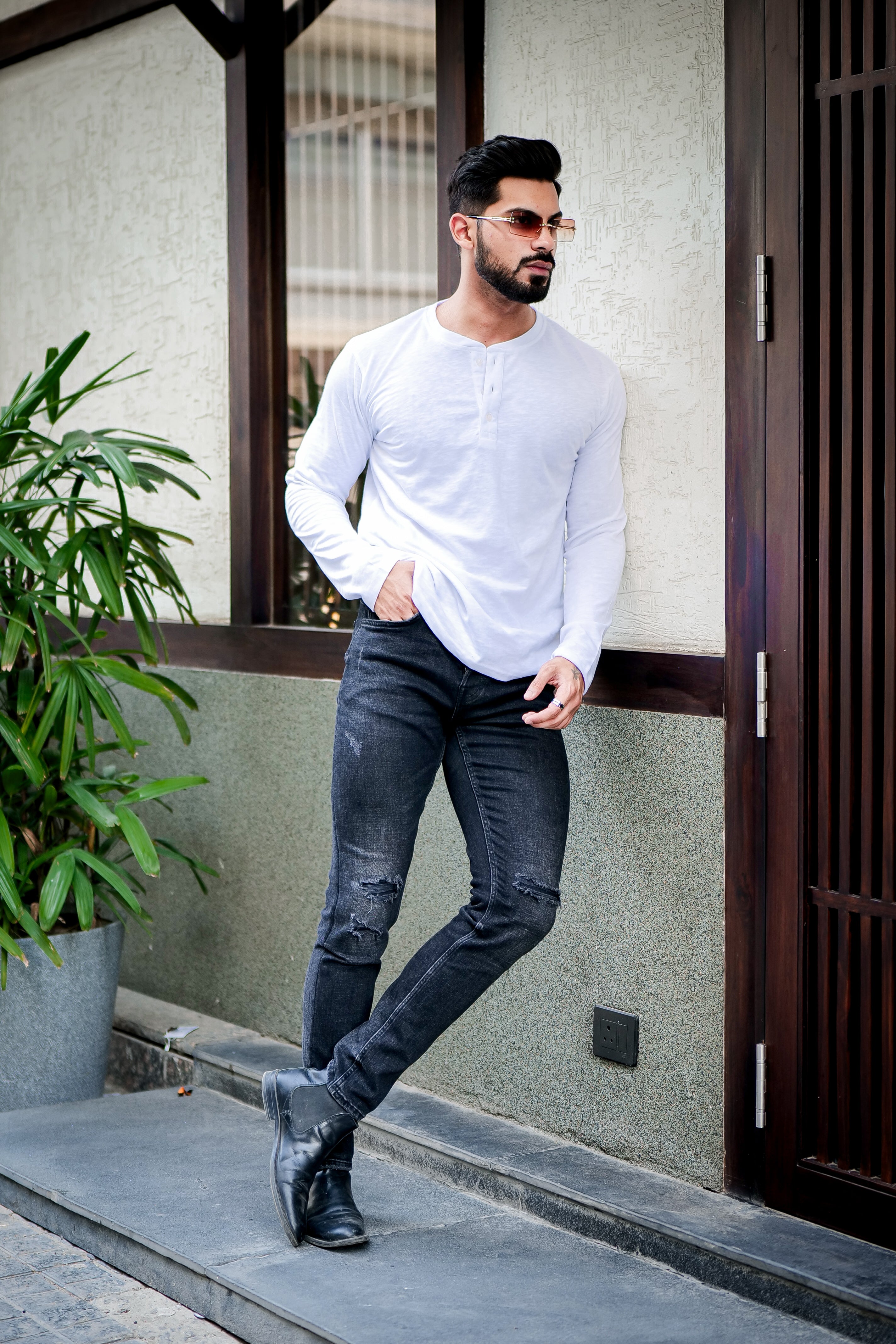 White Self Design Slub Henley T-Shirt