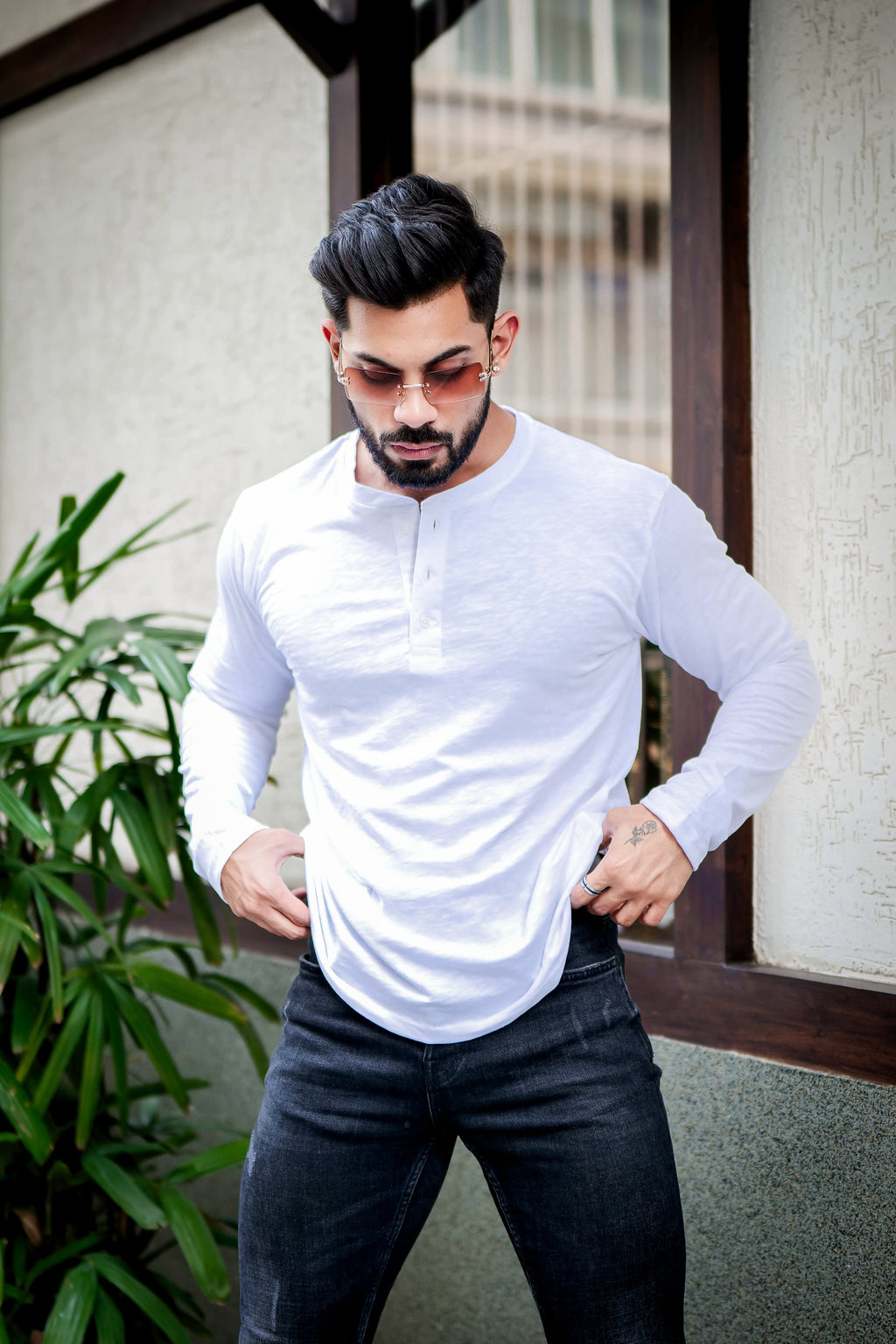 White Self Design Slub Henley T-Shirt