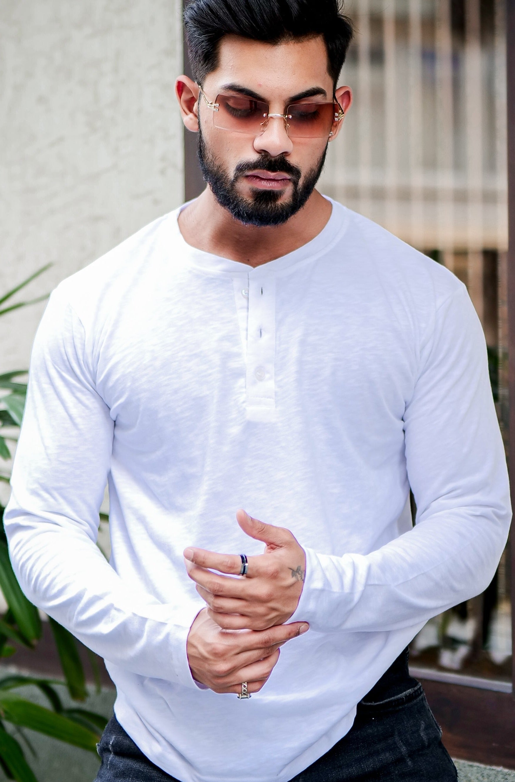 White Self Design Slub Henley T-Shirt